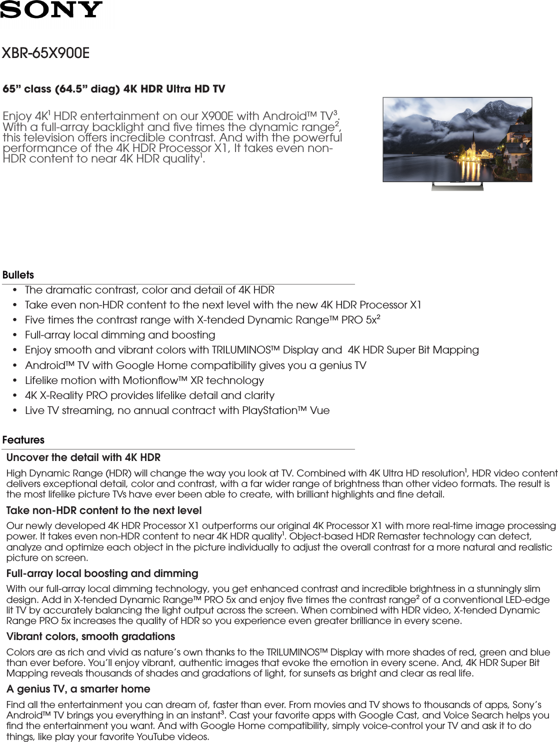 Page 1 of 4 - Sony XBR-65X900E User Manual Marketing Specifications XBR65X900E Mksp