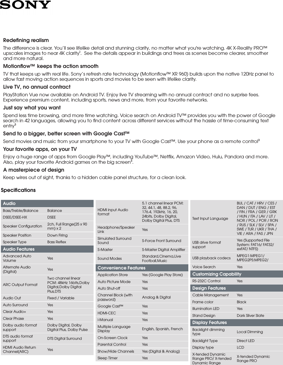 Page 2 of 4 - Sony XBR-65X900E User Manual Marketing Specifications XBR65X900E Mksp