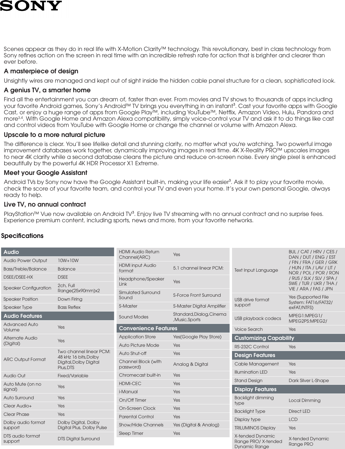 Page 2 of 4 - Sony XBR-65X900F User Manual Marketing Specifications Docget