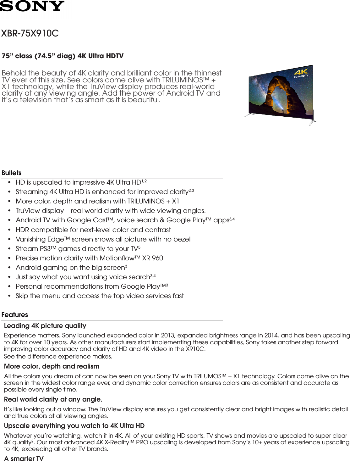 Page 1 of 5 - Sony XBR-75X910C User Manual Marketing Specifications XBR75X910C Mksp