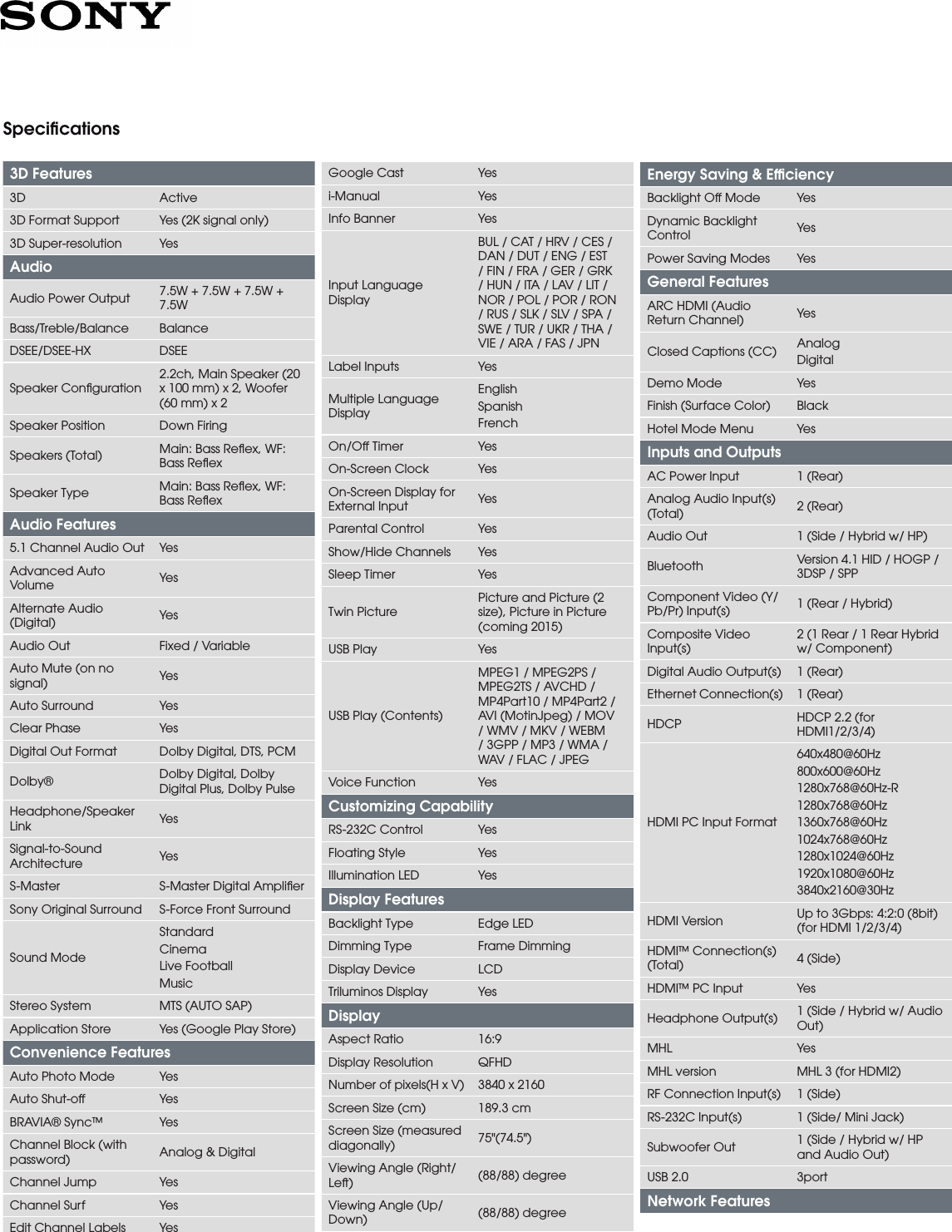 Page 3 of 5 - Sony XBR-75X910C User Manual Marketing Specifications XBR75X910C Mksp