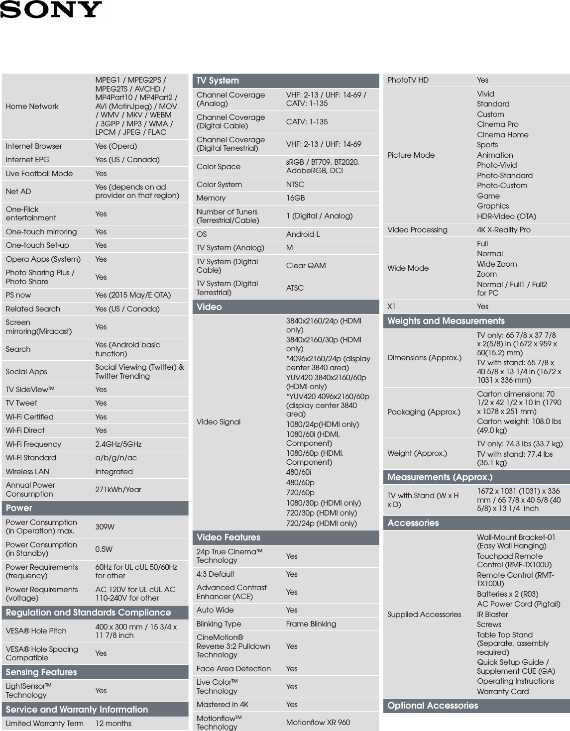 Page 4 of 5 - Sony XBR-75X910C User Manual Marketing Specifications XBR75X910C Mksp