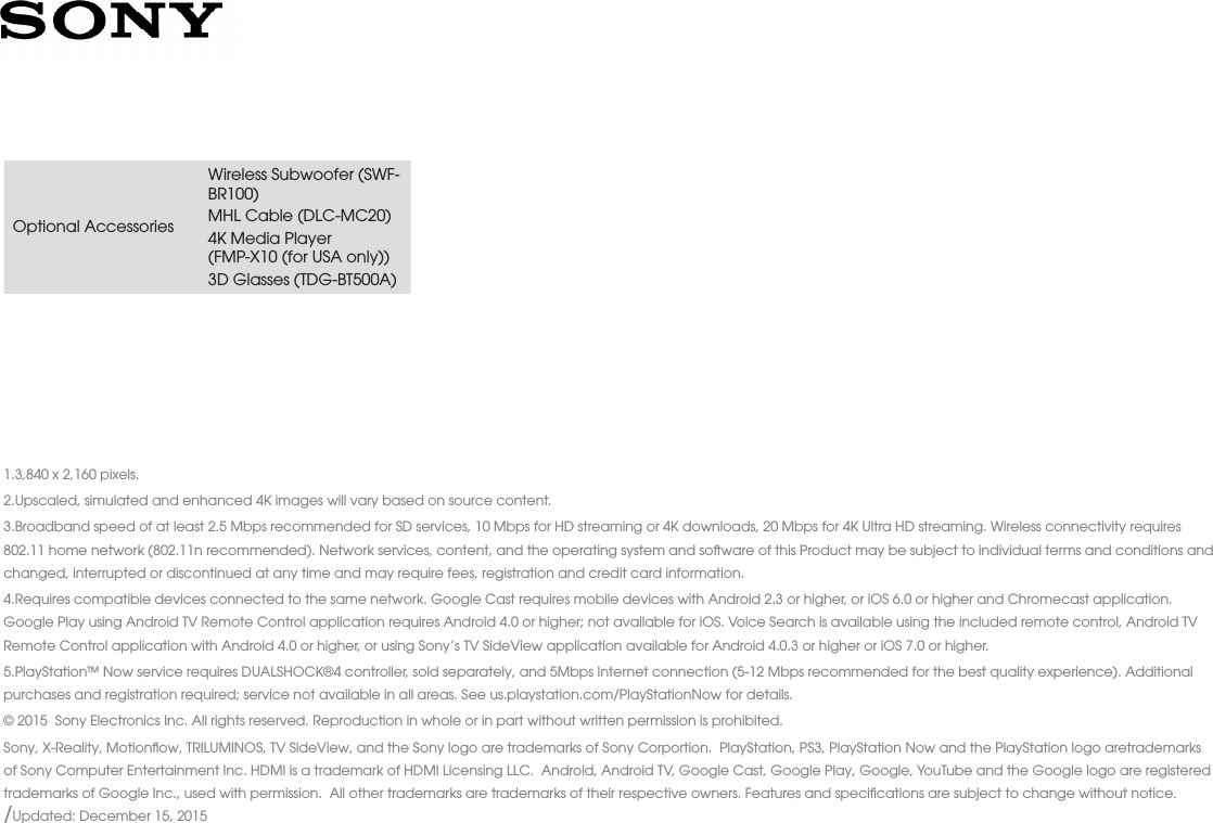 Page 5 of 5 - Sony XBR-75X910C User Manual Marketing Specifications XBR75X910C Mksp