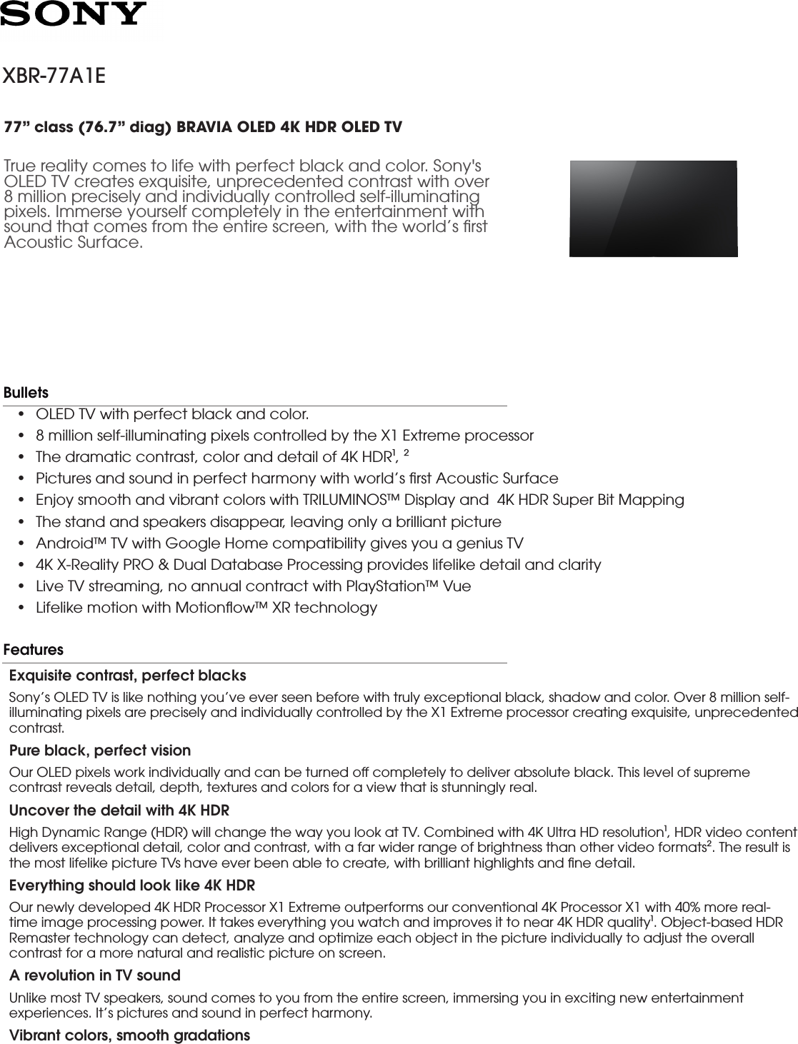 Page 1 of 5 - Sony XBR-77A1E User Manual Marketing Specifications XBR77A1E Mksp