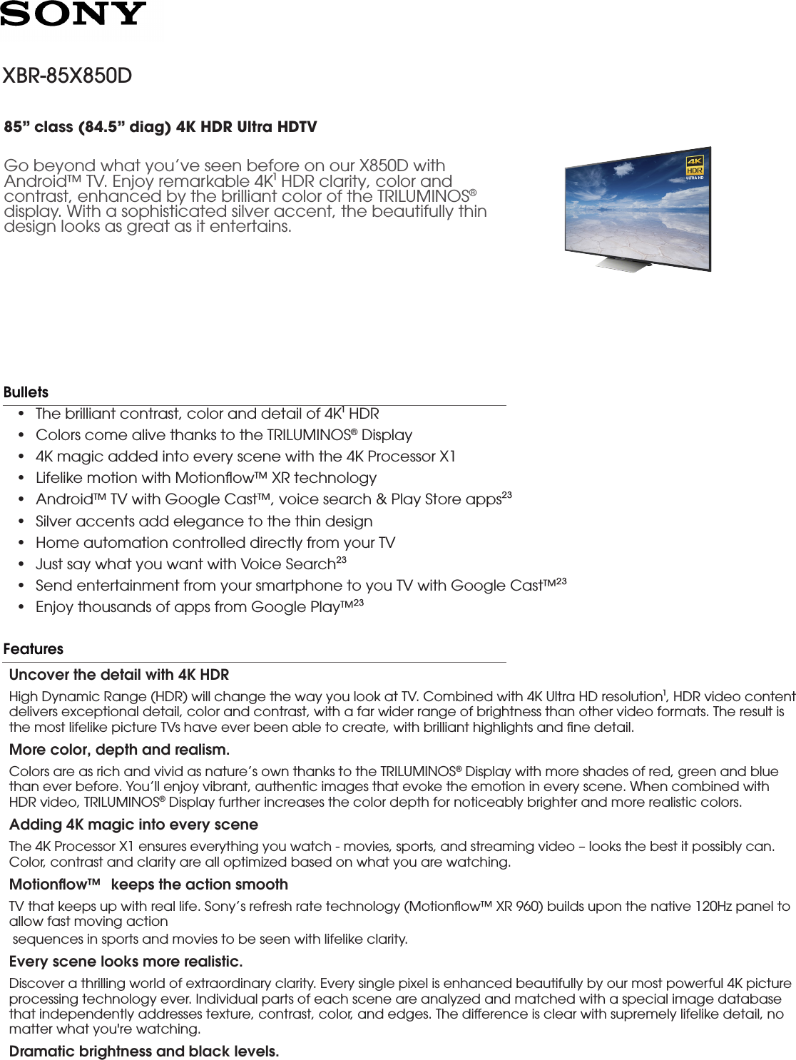 Page 1 of 4 - Sony XBR-85X850D User Manual Marketing Specifications XBR85X850D Mksp