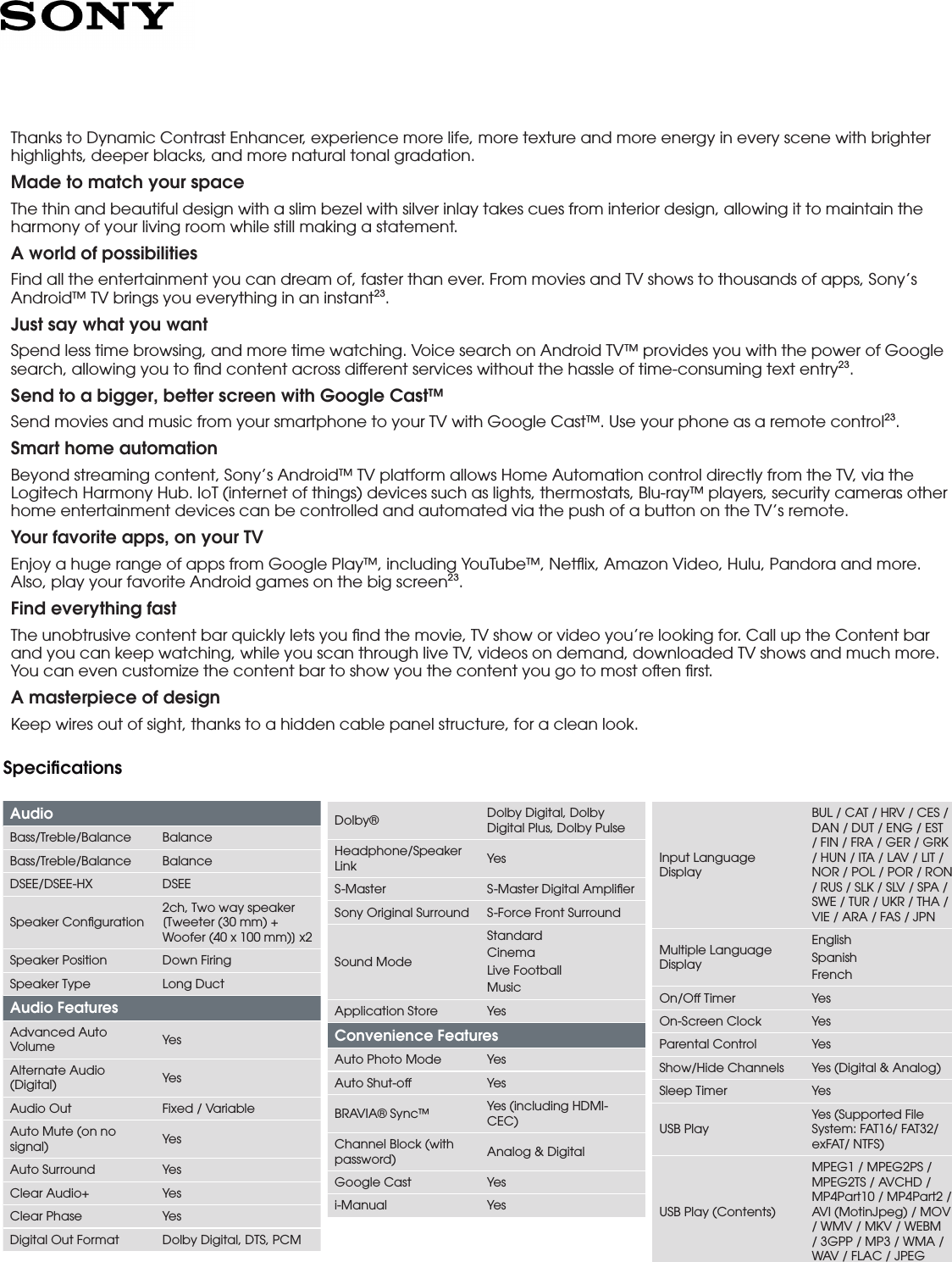 Page 2 of 4 - Sony XBR-85X850D User Manual Marketing Specifications XBR85X850D Mksp