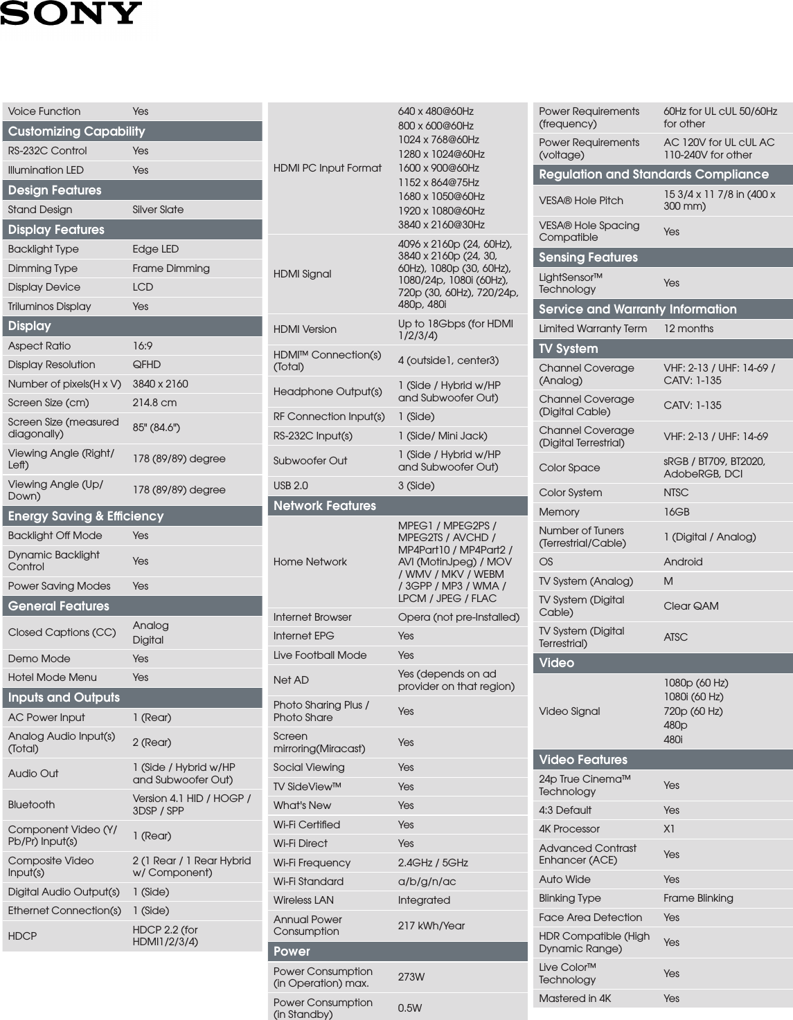 Page 3 of 4 - Sony XBR-85X850D User Manual Marketing Specifications XBR85X850D Mksp