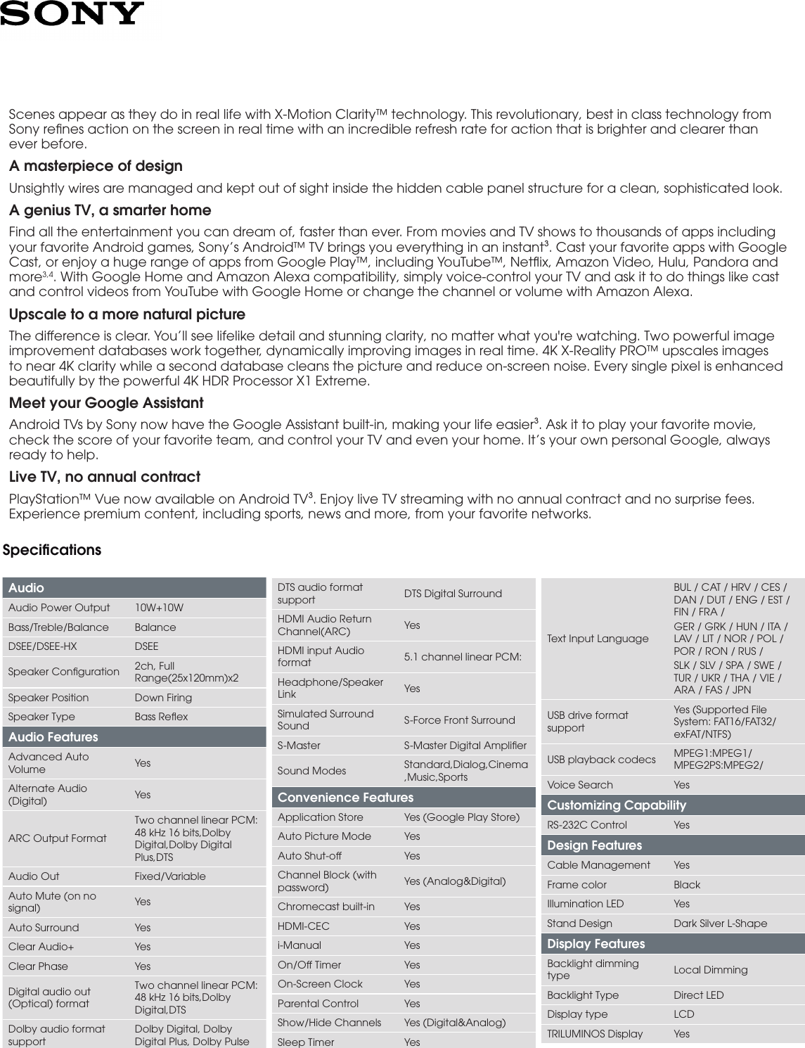 Page 2 of 4 - Sony XBR-85X900F User Manual Marketing Specifications Docget