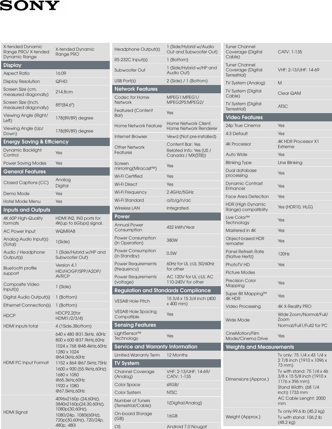 Page 3 of 4 - Sony XBR-85X900F User Manual Marketing Specifications Docget