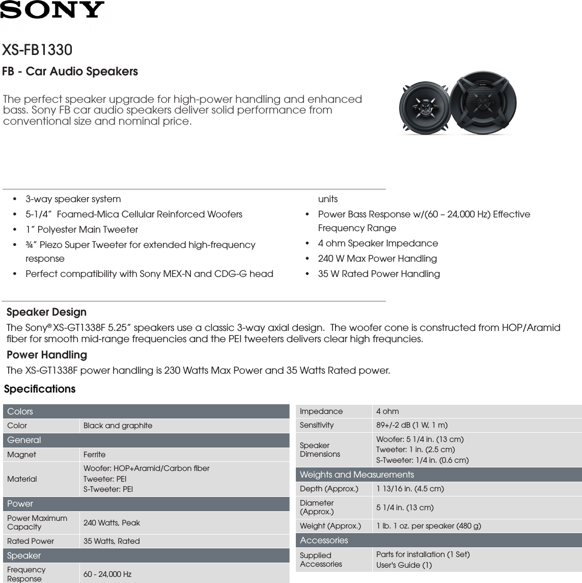 Page 1 of 1 - Sony XS-FB1330 User Manual Marketing Specifications XSFB1330 Mksp