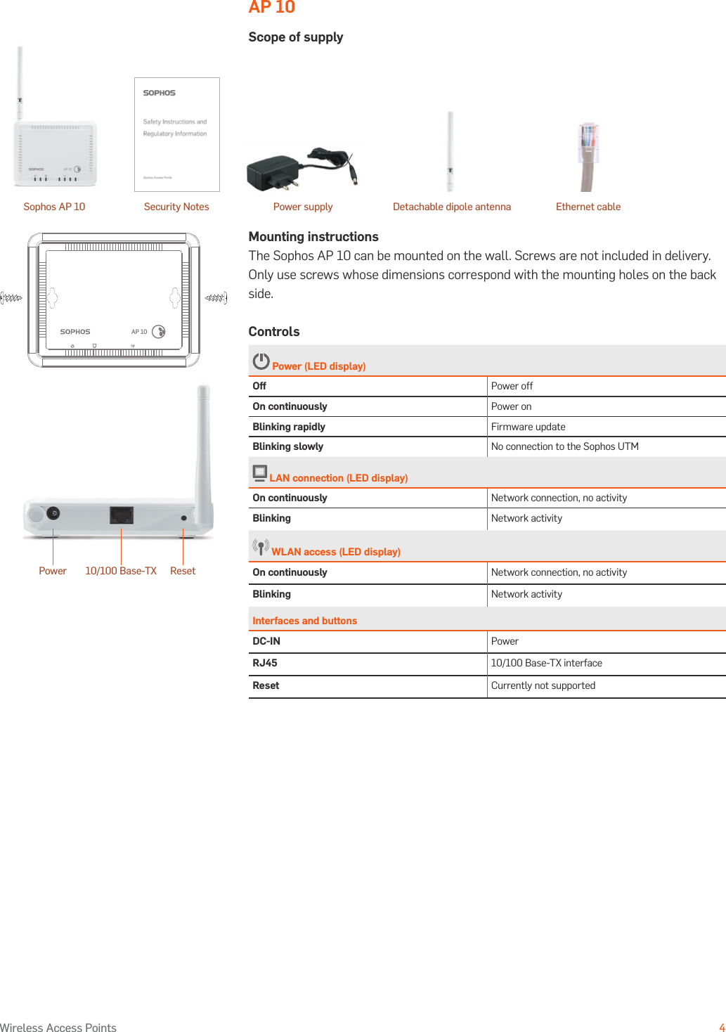 Operating Instructions4Wireless Access PointsAP 10Scope of supplyMounting instructionsThe Sophos AP 10 can be mounted on the wall. Screws are not included in delivery. Only use screws whose dimensions correspond with the mounting holes on the back side.Controls Power (LED display)Off Power offOn continuously Power onBlinking rapidly Firmware updateBlinking slowly No connection to the Sophos UTM LAN connection (LED display)On continuously Network connection, no activityBlinking Network activity WLAN access (LED display)On continuously Network connection, no activityBlinking Network activityInterfaces and buttonsDC-IN PowerRJ45 10/100 Base-TX interfaceReset Currently not supportedReset10/100 Base-TXPowerAP 10Sophos AP 10 Security Notes Power supply Detachable dipole antenna Ethernet cable