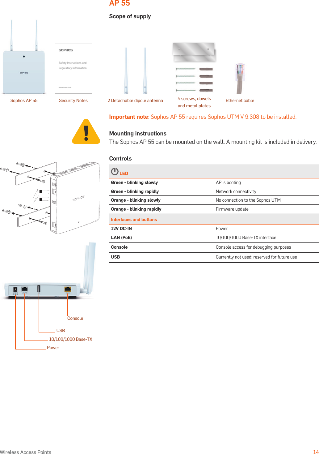 Operating Instructions14Wireless Access PointsAP 55Scope of supplyImportant note: Sophos AP 55 requires Sophos UTM V 9.308 to be installed.Mounting instructionsThe Sophos AP 55 can be mounted on the wall. A mounting kit is included in delivery.Controls LEDGreen - blinking slowly AP is bootingGreen - blinking rapidly Network connectivityOrange - blinking slowly No connection to the Sophos UTMOrange - blinking rapidly Firmware updateInterfaces and buttons12V DC-IN PowerLAN (PoE) 10/100/1000 Base-TX interfaceConsole Console access for debugging purposesUSB Currently not used; reserved for future useConsoleUSB10/100/1000 Base-TXPowerSophos AP 55 4 screws, dowels and metal platesSecurity Notes Ethernet cable2 Detachable dipole antenna