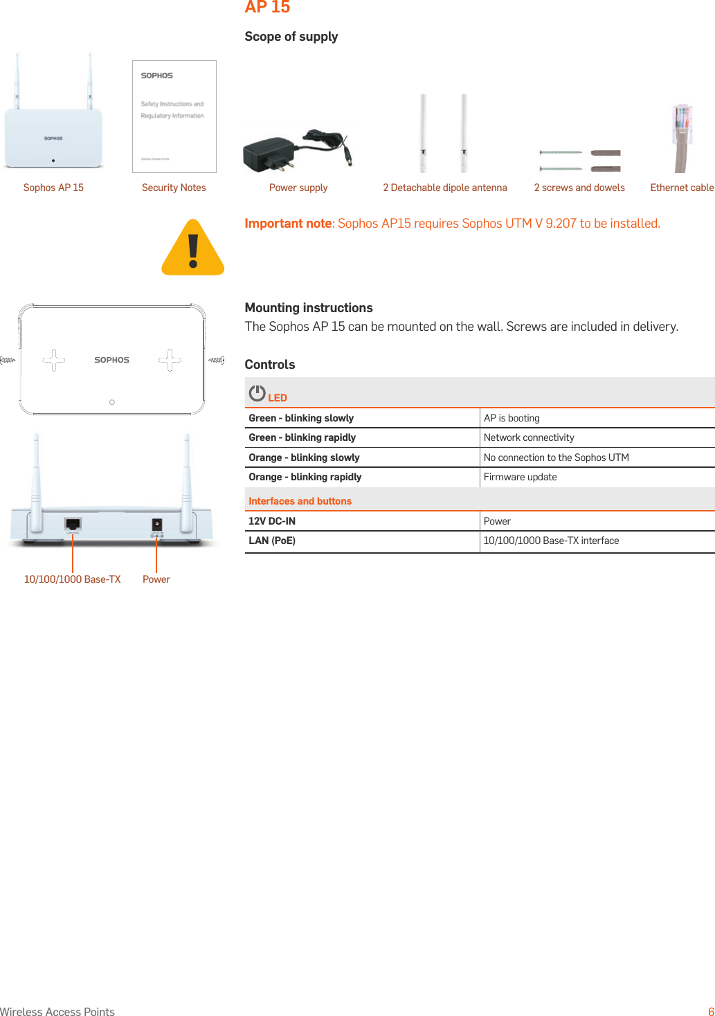 Operating Instructions6Wireless Access PointsAP 15Scope of supplyImportant note: Sophos AP15 requires Sophos UTM V 9.207 to be installed.10/100/1000 Base-TX PowerSophos AP 15 Security Notes Power supply 2 Detachable dipole antenna Ethernet cable2 screws and dowelsMounting instructionsThe Sophos AP 15 can be mounted on the wall. Screws are included in delivery. Controls LEDGreen - blinking slowly AP is bootingGreen - blinking rapidly Network connectivityOrange - blinking slowly No connection to the Sophos UTMOrange - blinking rapidly Firmware updateInterfaces and buttons12V DC-IN PowerLAN (PoE) 10/100/1000 Base-TX interface