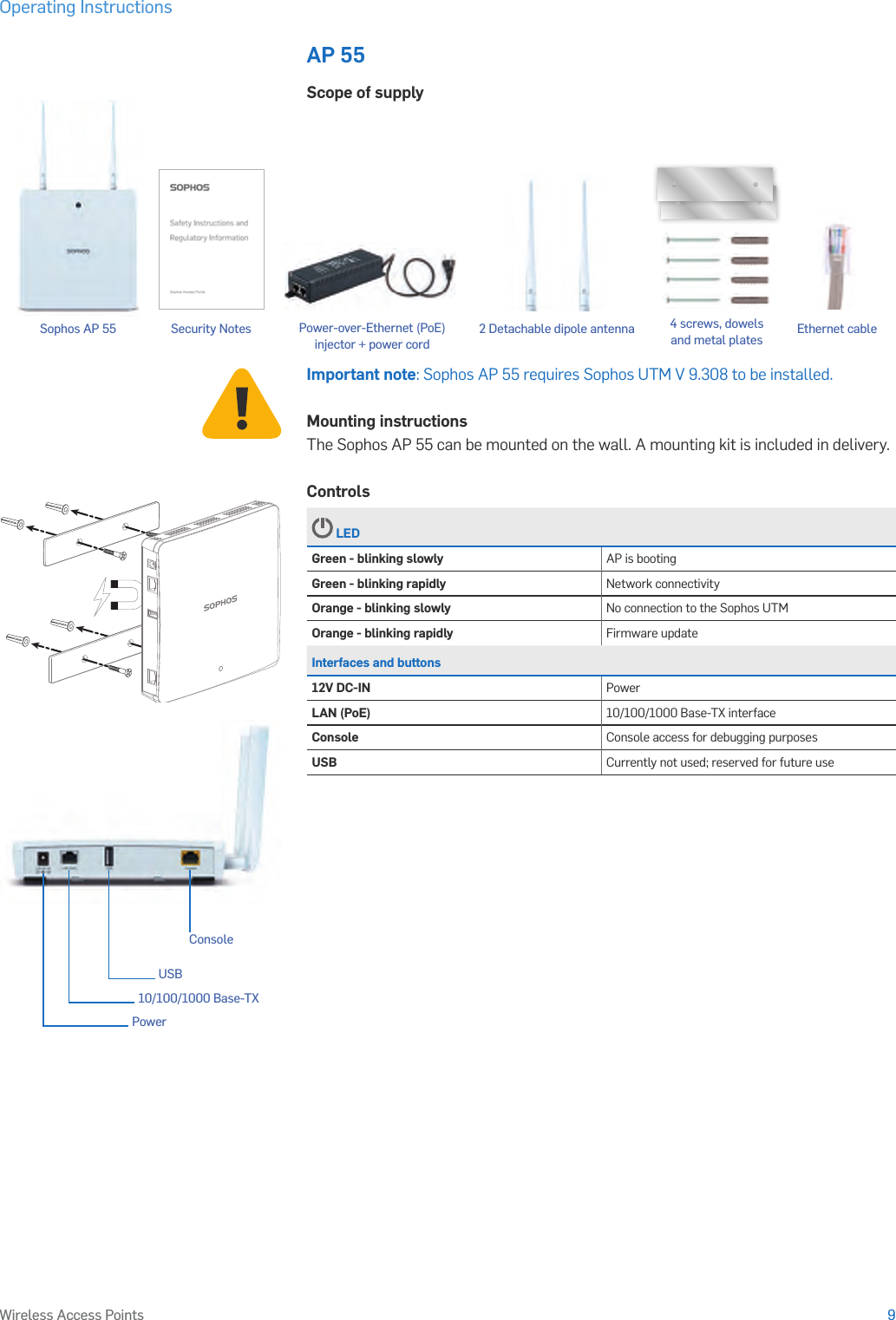 Operating Instructions9Wireless Access PointsAP 55Scope of supplyImportant note: Sophos AP 55 requires Sophos UTM V 9.308 to be installed.Mounting instructionsThe Sophos AP 55 can be mounted on the wall. A mounting kit is included in delivery.Controls LEDGreen - blinking slowly AP is bootingGreen - blinking rapidly Network connectivityOrange - blinking slowly No connection to the Sophos UTMOrange - blinking rapidly Firmware updateInterfaces and buttons12V DC-IN PowerLAN (PoE) 10/100/1000 Base-TX interfaceConsole Console access for debugging purposesUSB Currently not used; reserved for future useConsoleUSB10/100/1000 Base-TXPowerSophos AP 55 4 screws, dowels and metal platesSecurity Notes Ethernet cable2 Detachable dipole antennaPower-over-Ethernet (PoE)  injector + power cord