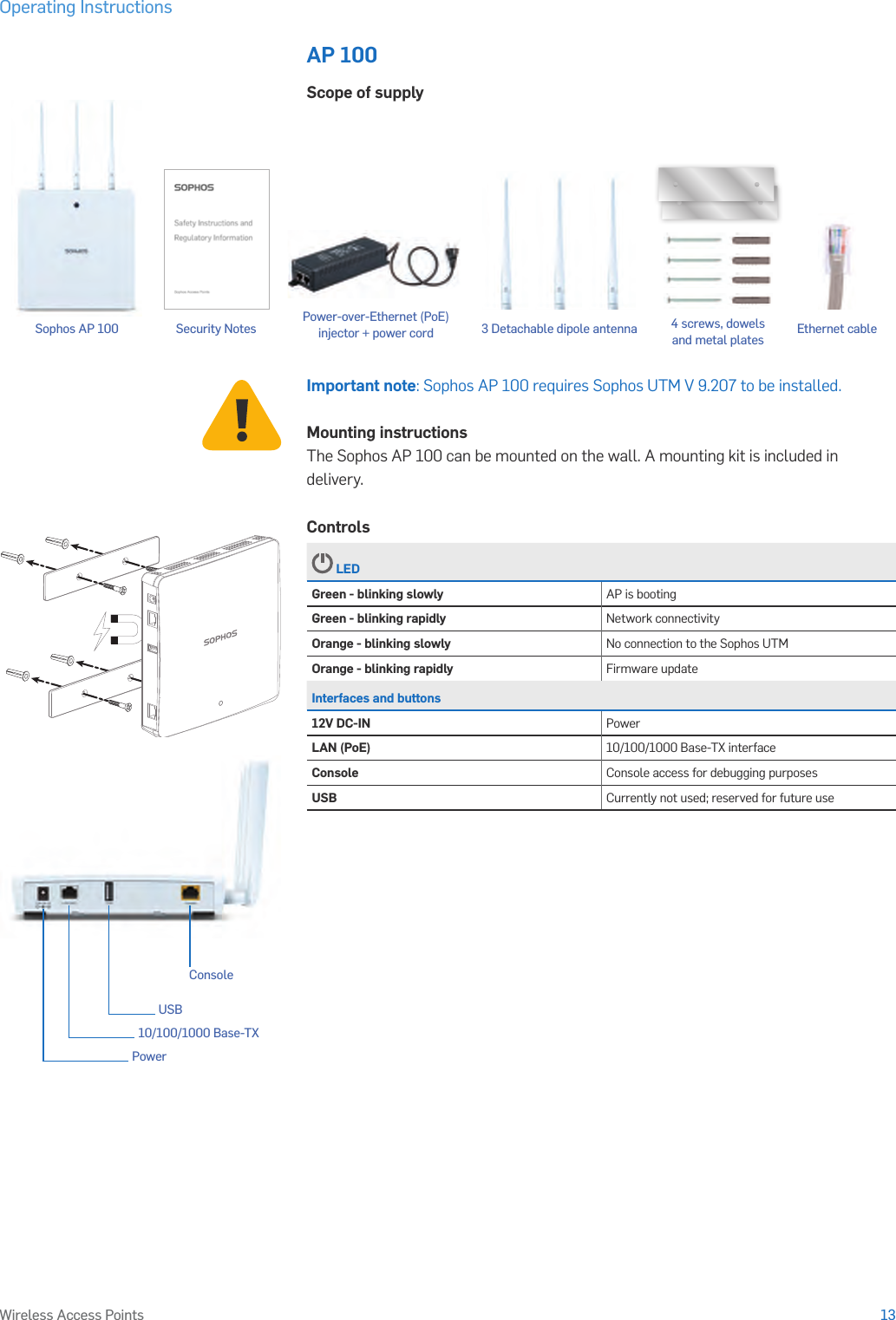 Operating Instructions13Wireless Access PointsAP 100Scope of supplyImportant note: Sophos AP 100 requires Sophos UTM V 9.207 to be installed.Mounting instructionsThe Sophos AP 100 can be mounted on the wall. A mounting kit is included in delivery.Controls LEDGreen - blinking slowly AP is bootingGreen - blinking rapidly Network connectivityOrange - blinking slowly No connection to the Sophos UTMOrange - blinking rapidly Firmware updateInterfaces and buttons12V DC-IN PowerLAN (PoE) 10/100/1000 Base-TX interfaceConsole Console access for debugging purposesUSB Currently not used; reserved for future useConsoleUSB10/100/1000 Base-TXPowerSophos AP 100 4 screws, dowels and metal platesSecurity Notes Ethernet cable3 Detachable dipole antennaPower-over-Ethernet (PoE)  injector + power cord