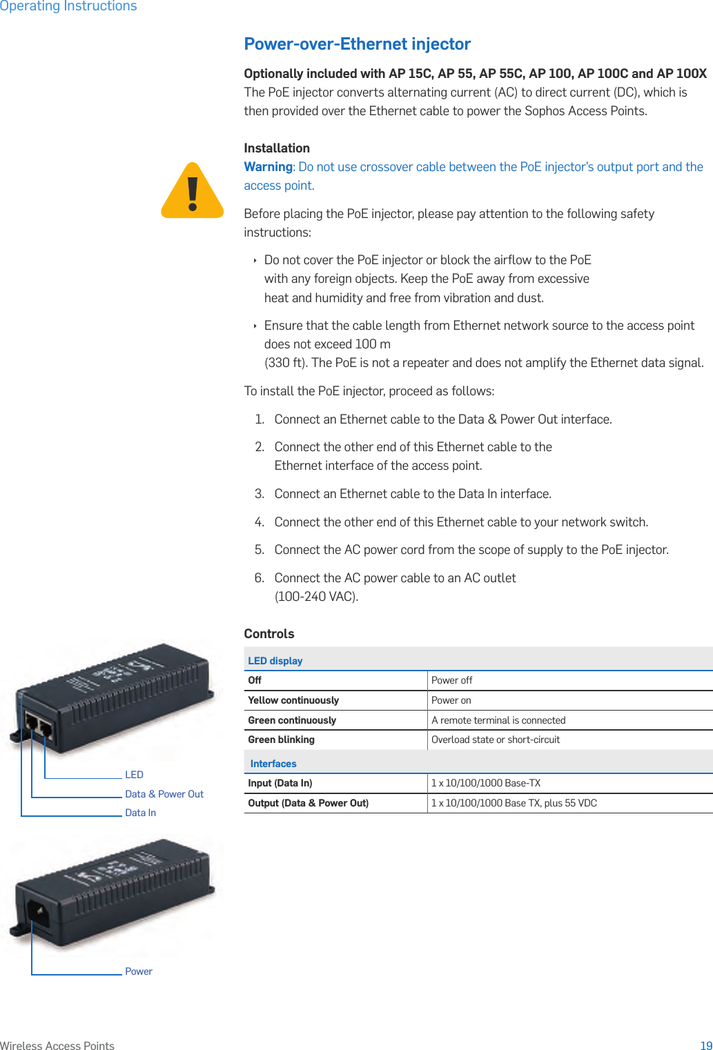 Operating Instructions19Wireless Access PointsPower-over-Ethernet injectorOptionally included with AP 15C, AP 55, AP 55C, AP 100, AP 100C and AP 100XThe PoE injector converts alternating current (AC) to direct current (DC), which is then provided over the Ethernet cable to power the Sophos Access Points.InstallationWarning: Do not use crossover cable between the PoE injector’s output port and the access point.Before placing the PoE injector, please pay attention to the following safety instructions: Ì Do not cover the PoE injector or block the airﬂow to the PoE with any foreign objects. Keep the PoE away from excessive heat and humidity and free from vibration and dust. Ì Ensure that the cable length from Ethernet network source to the access point does not exceed 100 m  (330 ft). The PoE is not a repeater and does not amplify the Ethernet data signal.To install the PoE injector, proceed as follows:1.   Connect an Ethernet cable to the Data &amp; Power Out interface.2.  Connect the other end of this Ethernet cable to the Ethernet interface of the access point.3.  Connect an Ethernet cable to the Data In interface.4.  Connect the other end of this Ethernet cable to your network switch.5.  Connect the AC power cord from the scope of supply to the PoE injector.6.  Connect the AC power cable to an AC outlet  (100-240 VAC).ControlsLED displayOff Power offYellow continuously Power onGreen continuously A remote terminal is connectedGreen blinking Overload state or short-circuit InterfacesInput (Data In) 1 x 10/100/1000 Base-TXOutput (Data &amp; Power Out) 1 x 10/100/1000 Base TX, plus 55 VDCLEDData &amp; Power OutData InPower