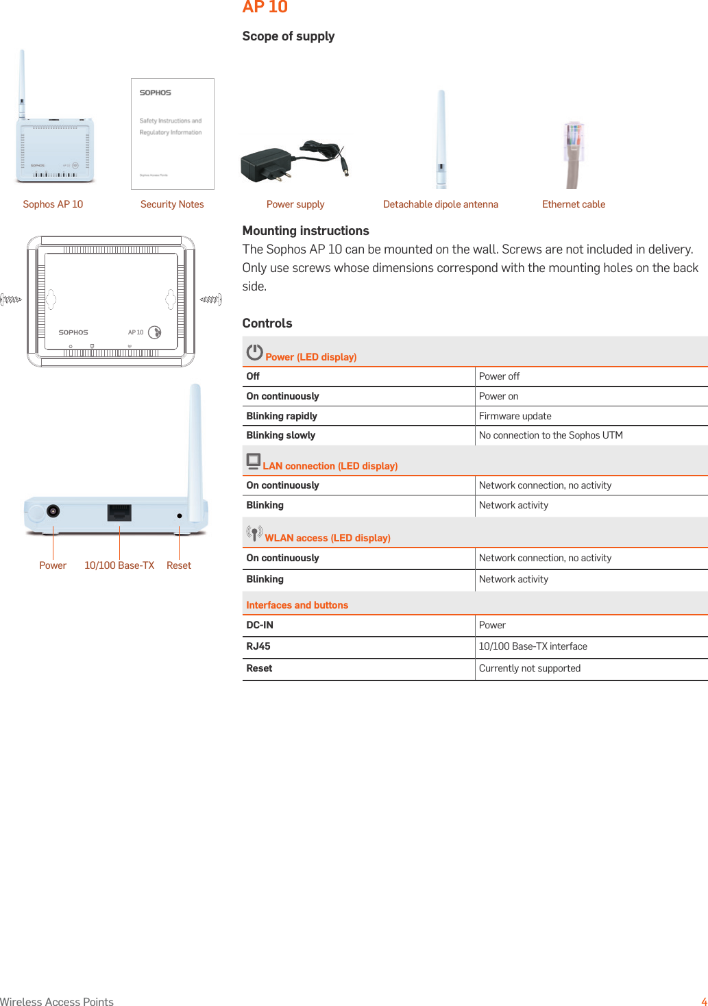 Operating Instructions4Wireless Access PointsAP 10Scope of supplyMounting instructionsThe Sophos AP 10 can be mounted on the wall. Screws are not included in delivery. Only use screws whose dimensions correspond with the mounting holes on the back side.Controls Power (LED display)Off Power offOn continuously Power onBlinking rapidly Firmware updateBlinking slowly No connection to the Sophos UTM LAN connection (LED display)On continuously Network connection, no activityBlinking Network activity WLAN access (LED display)On continuously Network connection, no activityBlinking Network activityInterfaces and buttonsDC-IN PowerRJ45 10/100 Base-TX interfaceReset Currently not supportedReset10/100 Base-TXPowerAP 10Sophos AP 10 Security Notes Power supply Detachable dipole antenna Ethernet cable