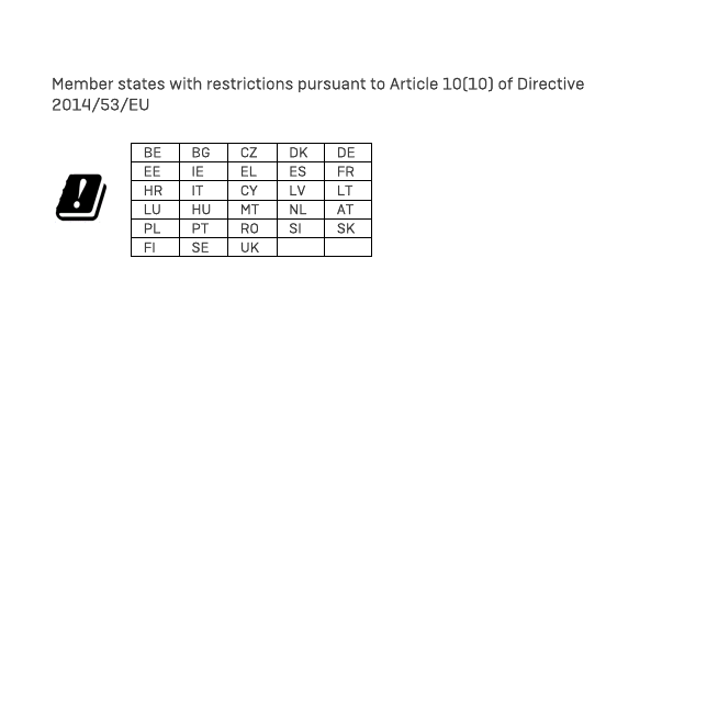   Member states with restrictions pursuant to Article 10(10) of Directive 2014/53/EU  BE BG CZ DK DE EE IE  EL ES FR HR IT  CY LV LT LU HU MT NL AT PL PT RO SI  SK FI SE UK       