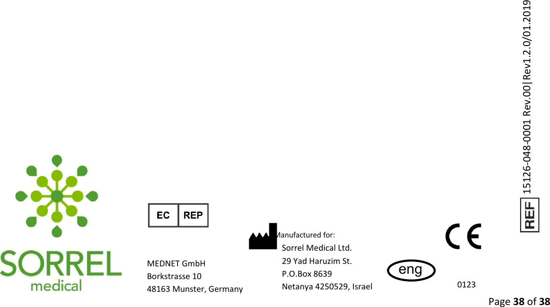  Page 38 of 38    MEDNET GmbH  Borkstrasse 10  48163 Munster, Germany Sorrel Medical Ltd. 29 Yad Haruzim St.  P.O.Box 8639 Netanya 4250529, Israel 0123 eng Manufactured for: 15126-048-0001 Rev.00|Rev1.2.0/01.2019  