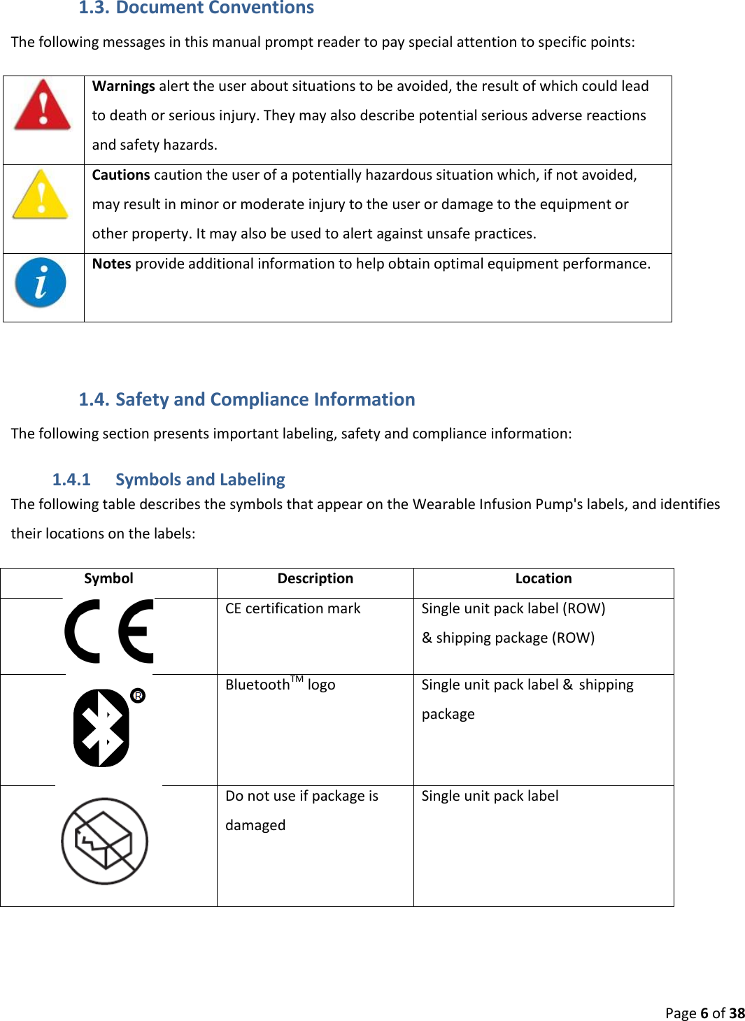  Page 6 of 38 1.3. Document Conventions The following messages in this manual prompt reader to pay special attention to specific points:  Warnings alert the user about situations to be avoided, the result of which could lead to death or serious injury. They may also describe potential serious adverse reactions and safety hazards.  Cautions caution the user of a potentially hazardous situation which, if not avoided, may result in minor or moderate injury to the user or damage to the equipment or other property. It may also be used to alert against unsafe practices.   Notes provide additional information to help obtain optimal equipment performance.  1.4. Safety and Compliance Information The following section presents important labeling, safety and compliance information: 1.4.1 Symbols and Labeling The following table describes the symbols that appear on the Wearable Infusion Pump&apos;s labels, and identifies their locations on the labels: Symbol Description Location  CE certification mark Single unit pack label (ROW) &amp; shipping package (ROW)  BluetoothTM logo Single unit pack label &amp;  shipping package  Do not use if package is damaged Single unit pack label 