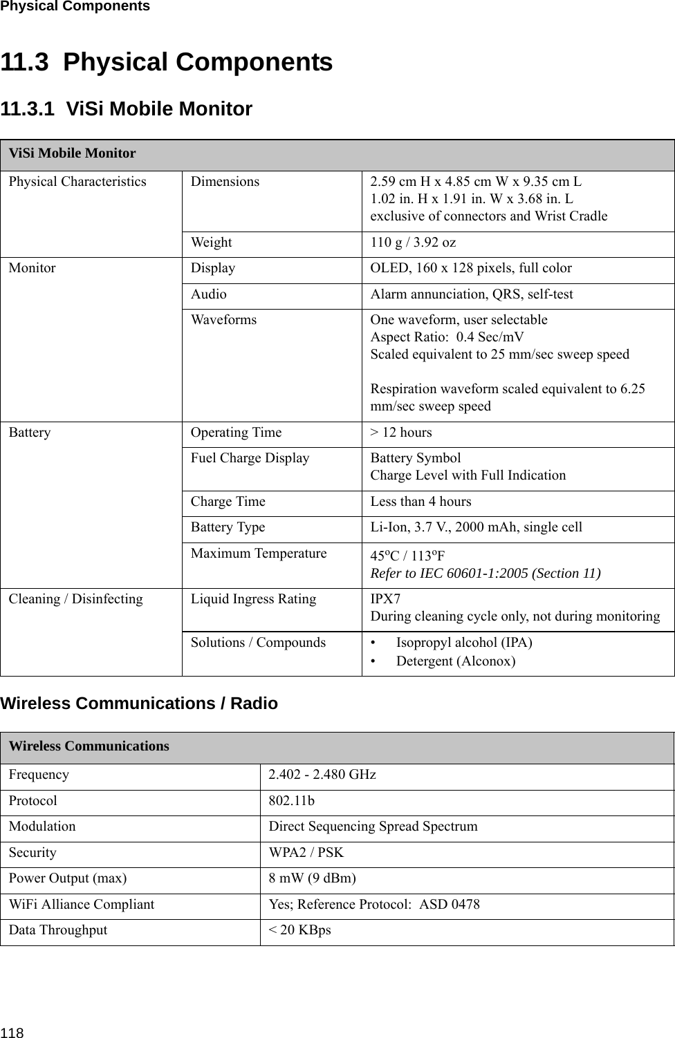 Physical Components 11811.3  Physical Components11.3.1  ViSi Mobile MonitorWireless Communications / RadioViSi Mobile MonitorPhysical Characteristics Dimensions 2.59 cm H x 4.85 cm W x 9.35 cm L 1.02 in. H x 1.91 in. W x 3.68 in. Lexclusive of connectors and Wrist CradleWeight 110 g / 3.92 ozMonitor Display OLED, 160 x 128 pixels, full colorAudio Alarm annunciation, QRS, self-testWaveforms One waveform, user selectableAspect Ratio:  0.4 Sec/mVScaled equivalent to 25 mm/sec sweep speedRespiration waveform scaled equivalent to 6.25 mm/sec sweep speedBattery Operating Time &gt; 12 hoursFuel Charge Display Battery SymbolCharge Level with Full IndicationCharge Time Less than 4 hoursBattery Type Li-Ion, 3.7 V., 2000 mAh, single cellMaximum Temperature 45oC / 113oF Refer to IEC 60601-1:2005 (Section 11)Cleaning / Disinfecting Liquid Ingress Rating IPX7During cleaning cycle only, not during monitoringSolutions / Compounds • Isopropyl alcohol (IPA)• Detergent (Alconox)Wireless CommunicationsFrequency 2.402 - 2.480 GHzProtocol 802.11bModulation Direct Sequencing Spread SpectrumSecurity WPA2 / PSKPower Output (max) 8 mW (9 dBm)WiFi Alliance Compliant Yes; Reference Protocol:  ASD 0478Data Throughput &lt; 20 KBps