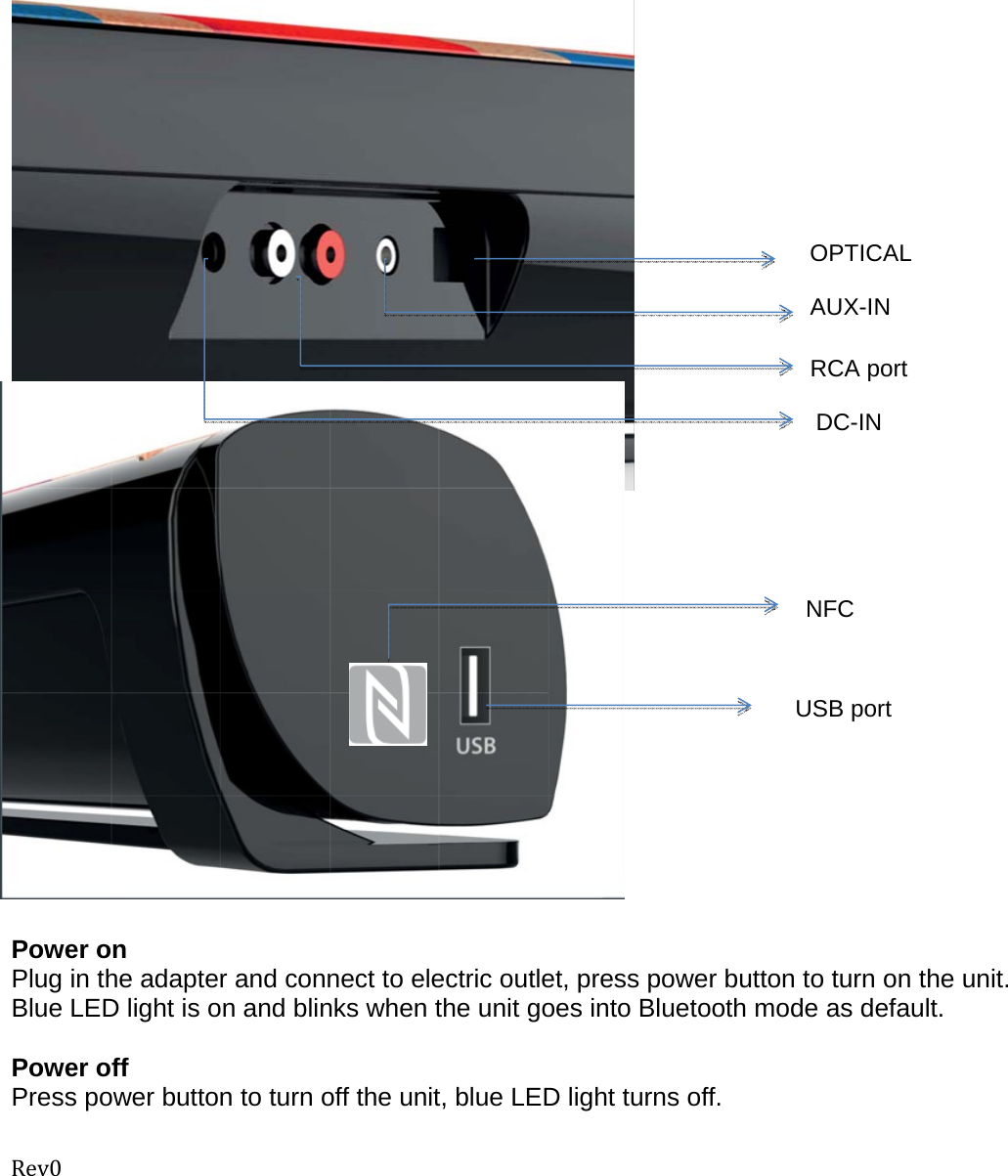Rev0                                     Power on Plug in the adapter and connect to electric outlet, press power button to turn on the unit. Blue LED light is on and blinks when the unit goes into Bluetooth mode as default.    Power off Press power button to turn off the unit, blue LED light turns off.  AUX-IN RCA port DC-IN USB port  OPTICAL NFC 