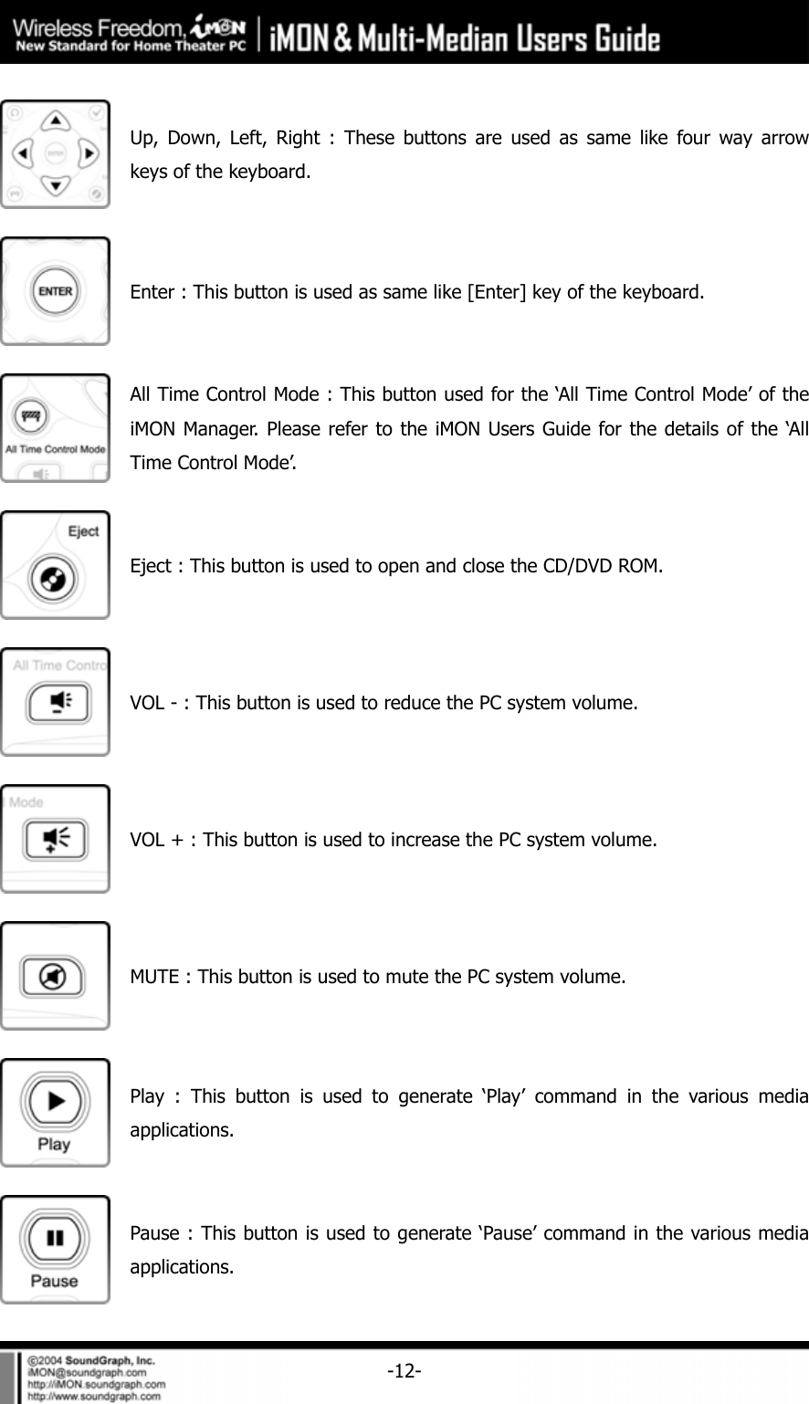     -12- Up, Down, Left, Right : These buttons are used as same like four way arrow keys of the keyboard.  Enter : This button is used as same like [Enter] key of the keyboard.  All Time Control Mode : This button used for the &lsquo;All Time Control Mode&rsquo; of the iMON Manager. Please refer to the iMON Users Guide for the details of the &lsquo;All Time Control Mode&rsquo;.  Eject : This button is used to open and close the CD/DVD ROM.  VOL - : This button is used to reduce the PC system volume.  VOL + : This button is used to increase the PC system volume.    MUTE : This button is used to mute the PC system volume.  Play : This button is used to generate &lsquo;Play&rsquo; command in the various media applications.  Pause : This button is used to generate &lsquo;Pause&rsquo; command in the various media applications. 