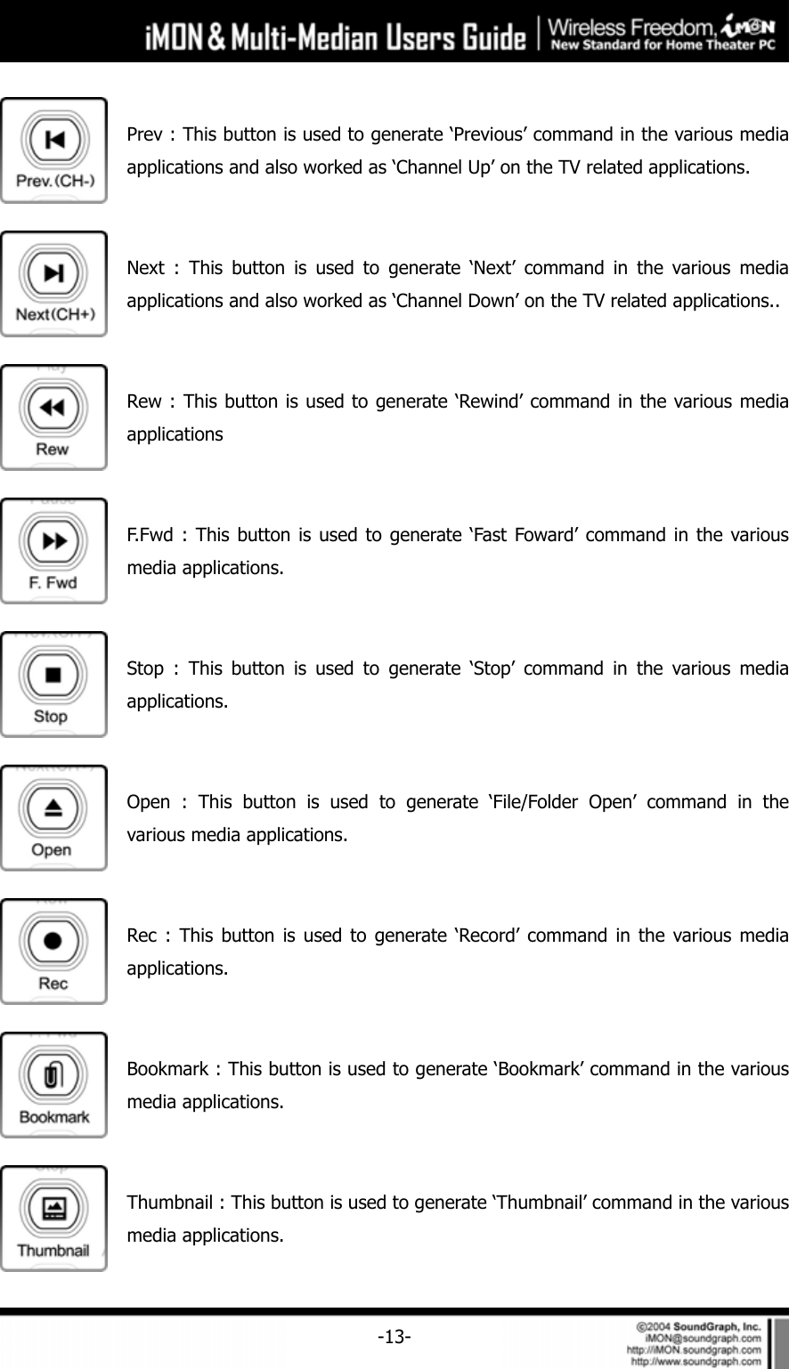     -13- Prev : This button is used to generate &lsquo;Previous&rsquo; command in the various media applications and also worked as &lsquo;Channel Up&rsquo; on the TV related applications.  Next : This button is used to generate &lsquo;Next&rsquo; command in the various media applications and also worked as &lsquo;Channel Down&rsquo; on the TV related applications..  Rew : This button is used to generate &lsquo;Rewind&rsquo; command in the various media applications  F.Fwd : This button is used to generate &lsquo;Fast Foward&rsquo; command in the various media applications.  Stop : This button is used to generate &lsquo;Stop&rsquo; command in the various media applications.  Open : This button is used to generate &lsquo;File/Folder Open&rsquo; command in the various media applications.  Rec : This button is used to generate &lsquo;Record&rsquo; command in the various media applications.  Bookmark : This button is used to generate &lsquo;Bookmark&rsquo; command in the various media applications.  Thumbnail : This button is used to generate &lsquo;Thumbnail&rsquo; command in the various media applications. 
