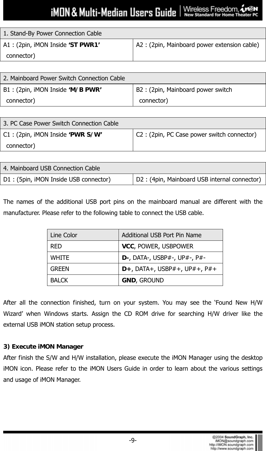     -9-1. Stand-By Power Connection Cable A1 : (2pin, iMON Inside &lsquo;ST PWR1&rsquo;  connector) A2 : (2pin, Mainboard power extension cable)  2. Mainboard Power Switch Connection Cable B1 : (2pin, iMON Inside &lsquo;M/B PWR&rsquo;  connector) B2 : (2pin, Mainboard power switch  connector)  3. PC Case Power Switch Connection Cable C1 : (2pin, iMON Inside &lsquo;PWR S/W&rsquo;  connector) C2 : (2pin, PC Case power switch connector)  4. Mainboard USB Connection Cable D1 : (5pin, iMON Inside USB connector)  D2 : (4pin, Mainboard USB internal connector) The names of the additional USB port pins on the mainboard manual are different with the manufacturer. Please refer to the following table to connect the USB cable.  Line Color  Additional USB Port Pin Name RED  VCC, POWER, USBPOWER WHITE  D-, DATA-, USBP#-, UP#-, P#- GREEN  D+, DATA+, USBP#+, UP#+, P#+ BALCK  GND, GROUND  After all the connection finished, turn on your system. You may see the &lsquo;Found New H/W Wizard&rsquo; when Windows starts. Assign the CD ROM drive for searching H/W driver like the external USB iMON station setup process.  3) Execute iMON Manager  After finish the S/W and H/W installation, please execute the iMON Manager using the desktop iMON icon. Please refer to the iMON Users Guide in order to learn about the various settings and usage of iMON Manager.  