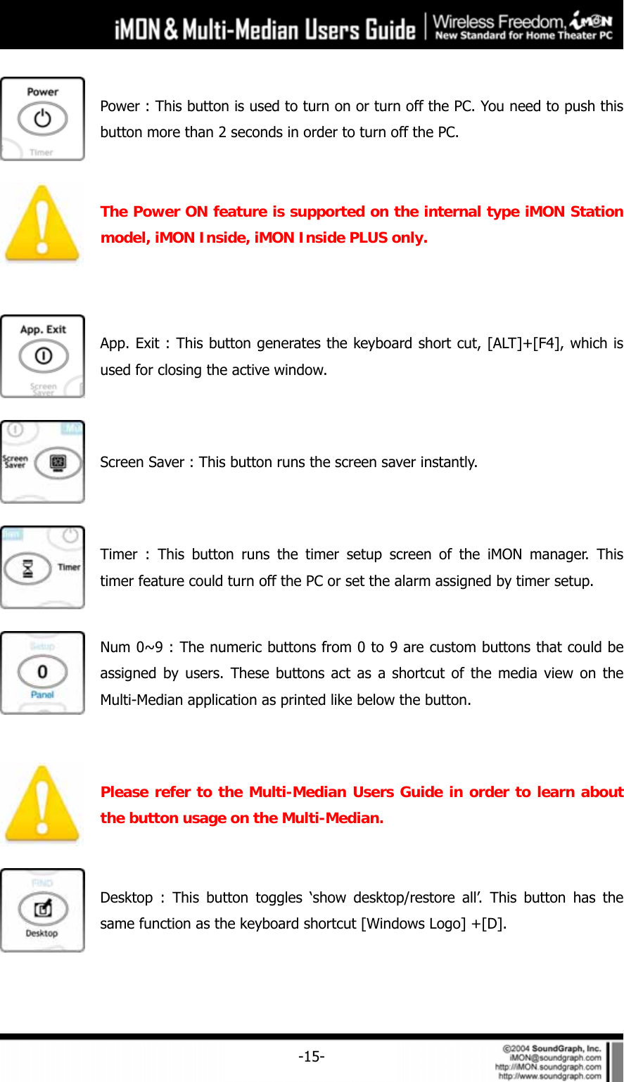     -15- Power : This button is used to turn on or turn off the PC. You need to push this button more than 2 seconds in order to turn off the PC.  The Power ON feature is supported on the internal type iMON Station model, iMON Inside, iMON Inside PLUS only.    App. Exit : This button generates the keyboard short cut, [ALT]+[F4], which is used for closing the active window.  Screen Saver : This button runs the screen saver instantly.  Timer : This button runs the timer setup screen of the iMON manager. This timer feature could turn off the PC or set the alarm assigned by timer setup.  Num 0~9 : The numeric buttons from 0 to 9 are custom buttons that could be assigned by users. These buttons act as a shortcut of the media view on the Multi-Median application as printed like below the button.   Please refer to the Multi-Median Users Guide in order to learn about the button usage on the Multi-Median.  Desktop : This button toggles &lsquo;show desktop/restore all&rsquo;. This button has the same function as the keyboard shortcut [Windows Logo] +[D]. 