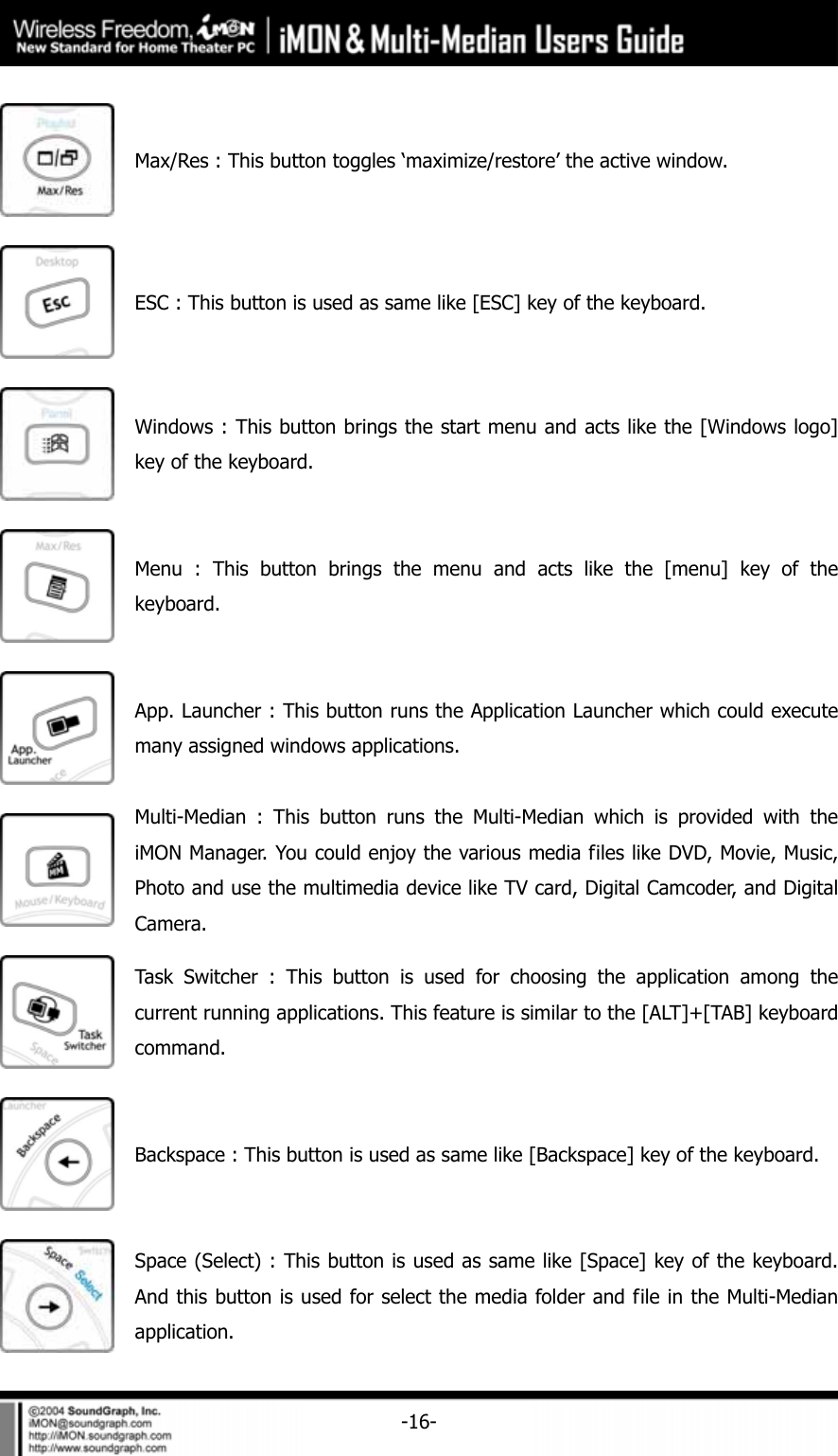     -16- Max/Res : This button toggles &lsquo;maximize/restore&rsquo; the active window.    ESC : This button is used as same like [ESC] key of the keyboard.  Windows : This button brings the start menu and acts like the [Windows logo] key of the keyboard.  Menu : This button brings the menu and acts like the [menu] key of the keyboard.  App. Launcher : This button runs the Application Launcher which could execute many assigned windows applications.  Multi-Median : This button runs the Multi-Median which is provided with the iMON Manager. You could enjoy the various media files like DVD, Movie, Music, Photo and use the multimedia device like TV card, Digital Camcoder, and Digital Camera.   Task Switcher : This button is used for choosing the application among the current running applications. This feature is similar to the [ALT]+[TAB] keyboard command.  Backspace : This button is used as same like [Backspace] key of the keyboard.  Space (Select) : This button is used as same like [Space] key of the keyboard. And this button is used for select the media folder and file in the Multi-Median application. 