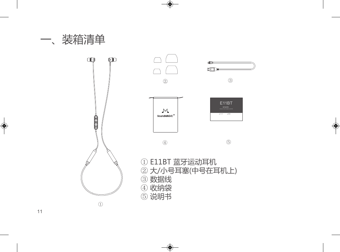 一、装箱清单E11BT 蓝牙运动耳机大/小号耳塞(中号在耳机上)数据线收纳袋说明书①②③④⑤E11BTWireless In-Ear Headphone with Mic蓝牙运动耳机①②③④⑤11