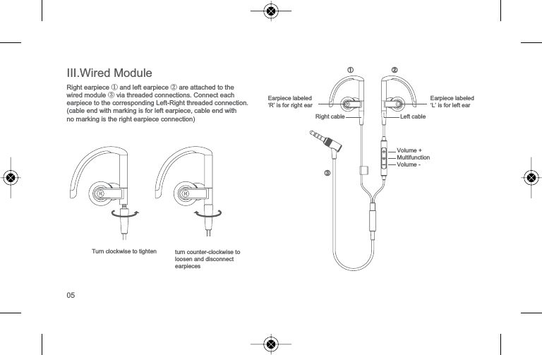 ,,,:LUHG0RGXOH5LJKWHDUSLHFH①DQGOHIWHDUSLHFH②DUHDWWDFKHGWRWKHZLUHGPRGXOH③YLDWKUHDGHGFRQQHFWLRQV&amp;RQQHFWHDFKHDUSLHFHWRWKHFRUUHVSRQGLQJ/HIW5LJKWWKUHDGHGFRQQHFWLRQFDEOHHQGZLWKPDUNLQJLVIRUOHIWHDUSLHFHFDEOHHQGZLWKQRPDUNLQJLVWKHULJKWHDUSLHFHFRQQHFWLRQ7XUQFORFNZLVHWRWLJKWHQ WXUQFRXQWHUFORFNZLVHWRORRVHQDQGGLVFRQQHFWHDUSLHFHV(DUSLHFHODEHOHG&micro;5&para;LVIRUULJKWHDU(DUSLHFHODEHOHG&micro;/&para;LVIRUOHIWHDUƙƘƗ/HIWFDEOH5LJKWFDEOH9ROXPH0XOWLIXQFWLRQ9ROXPH