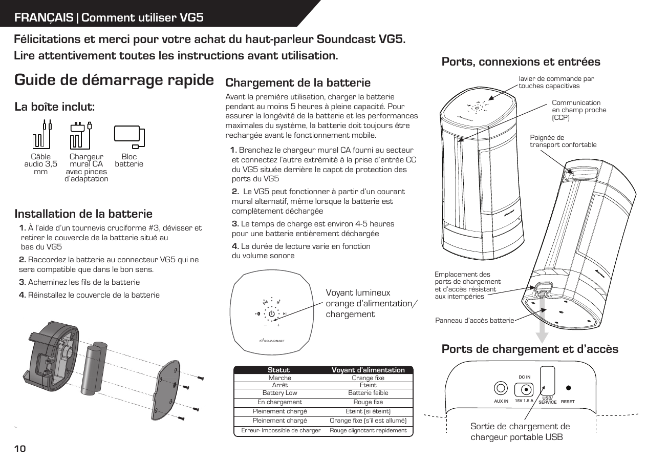 10DC INAUX IN 15V 1.5 A USB/SERVICE RESETFRANÇAIS | Comment utiliser VG5Installation de la batterie  1. À l’aide d’un tournevis cruciforme #3, dévisser et    retirer le couvercle de la batterie situé au     bas du VG5  2. Raccordez la batterie au connecteur VG5 qui ne   sera compatible que dans le bon sens.  3. Acheminez les ﬁls de la batterie  4. Réinstallez le couvercle de la batterieChargement de la batterieAvant la première utilisation, charger la batterie pendant au moins 5 heures à pleine capacité. Pour assurer la longévité de la batterie et les performances maximales du système, la batterie doit toujours être rechargée avant le fonctionnement mobile.  1. Branchez le chargeur mural CA fourni au secteur    et connectez l’autre extrémité à la prise d’entrée CC    du VG5 située derrière le capot de protection des    ports du VG5   2.  Le VG5 peut fonctionner à partir d’un courant     mural alternatif, même lorsque la batterie est     complètement déchargée    3. Le temps de charge est environ 4-5 heures     pour une batterie entièrement déchargée   4. La durée de lecture varie en fonction     du volume sonore La boîte inclut:Guide de démarrage rapideFélicitations et merci pour votre achat du haut-parleur Soundcast VG5. Lire attentivement toutes les instructions avant utilisation.Câble audio 3,5 mmChargeur mural CA avec pinces d’adaptationBloc  batterieVoyant lumineux  orange d’alimentation/chargementSortie de chargement de chargeur portable USBlavier de commande par  touches capacitivesEmplacement des ports de chargement et d’accès résistant aux intempériesPanneau d’accès batterieCommunication en champ proche (CCP)Poignée de  transport confortablePorts, connexions et entréesPorts de chargement et d’accèsMarcheArrêtBattery LowEn chargementPleinement chargéPleinement chargéErreur- Impossible de chargerOrange fixeÉteintBatterie faibleRouge fixeÉteint (si éteint)Orange fixe (s’il est allumé)Rouge clignotant rapidementStatut Voyant d’alimentation