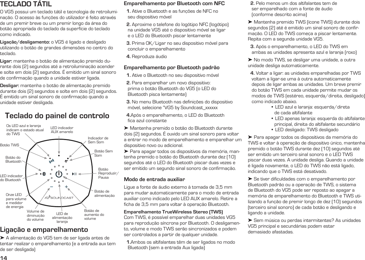 14Indicador de  Sem SomBotão Sem SomLED indicadorAUX amareloLED indicador do BluetoothBotão do BluetoothBotão TWSOs LED azul e laranjaindicam o estado atual do TWS Onze LED para volume e medidor de energiaBotão de  alimentaçãoBotão de aumento do volumeLED de alimentação laranjaVolume de diminuição do volumeBotão Reproduzir/PausaTeclado do painel de controloTECLADO TÁTILO VG5 possui um teclado tátil e tecnologia de retroilumi-nação. O acesso às funções do utilizador é feito através de um premir breve ou um premir longo da área do botão apropriada do teclado da superfície do teclado como indicado.Ligação/desligamento: o VG5 é ligado e desligado utilizando o botão de grandes dimensões no centro do teclado.Ligar: mantenha o botão de alimentação premido du-rante dois (2) segundos até a retroiluminação acender e solte em dois (2) segundos. É emitido um sinal sonoro de conﬁrmação quando a unidade estiver ligada.Desligar: mantenha o botão de alimentação premido durante dois (2) segundos e solte em dois (2) segundos. É emitido um sinal sonoro de conﬁrmação quando a unidade estiver desligada.Ligação e emparelhamento➤ A alimentação do VG5 tem de ser ligada antes de tentar realizar o emparelhamento (e a entrada aux tem de ser desligada)  2. Pelo menos um dos altifalantes tem de     ser emparelhado com a fonte de áudio     (conforme descrito acima)➤ Mantenha premido TWS (ícone TWS) durante dois segundos (2) até é emitido um sinal sonoro de confir-mação. O LED do TWS começa a piscar lentamente. Repita com a segunda unidade VG5.   3. Após o emparelhamento, o LED do TWS em     ambas as unidades apresenta azul e laranja (roxo)➤ No modo TWS, se desligar uma unidade, a outra unidade desliga automaticamente.   4. Voltar a ligar: as unidades emparelhadas por TWS     voltam a ligar-se uma à outra automaticamente    depois de ligar ambas as unidades. Um breve premir    do botão TWS em cada unidade permite mudar os    modos de TWS (estéreo, esquerda/direita, desligado)    como indicado abaixo.  • LED azul e laranja: esquerda/direta       de cada altifalante  • LED apenas laranja: esquerda do altifalante       principal, direita do altifalante secundário  • LED desligado: TWS desligado➤ Para apagar todos os dispositivos da memória do TWS e voltar à operação de dispositivo único, mantenha premido o botão TWS durante dez (10) segundos até ser emitido um terceiro sinal sonoro e o LED TWS piscar duas vezes. A unidade desliga. Quando a unidade é ligada novamente, o LED do TWS não está ligado, indicando que o TWS está desativado. ➤ Se tiver dificuldades com o emparelhamento por Bluetooth padrão ou a operação de TWS, o sistema de Bluetooth do VG5 pode ser reposto ao apagar a memória de emparelhamento do Bluetooth e TWS uti-lizando a função de premir longo de dez (10) segundos (terceiro sinal sonoro) de cada botão e desligando e ligando a unidade. ➤ Sem música ou perdas intermitentes? As unidades VG5 principal e secundárias podem estardemasiado afastadas.Emparelhamento por Bluetooth com NFC   1. Ative o Bluetooth e as funções de NFC no     seu dispositivo móvel  2. Aproxime o telefone do logótipo NFC (logótipo)     na unidade VG5 até o dispositivo móvel se ligar     e o LED do Bluetooth piscar lentamente  3. Prima OK/Ligar no seu dispositivo móvel para     concluir o emparelhamento  4. Reproduza áudioEmparelhamento por Bluetooth padrão  1. Ative o Bluetooth no seu dispositivo móvel  2. Para emparelhar um novo dispositivo:     prima o botão Bluetooth do VG5 (o LED do     Bluetooth pisca lentamente)   3. No menu Bluetooth nas definições do dispositivo          móvel, selecione “VG5 by Soundcast_xxxxxx  4.Após o emparelhamento, o LED do Bluetooth     fica azul constante ➤ Mantenha premido o botão do Bluetooth durante dois (2) segundos. É ouvido um sinal sonoro para voltar a entrar no modo de emparelhamento e emparelhar um dispositivo novo ou adicional.➤ Para apagar todos os dispositivos da memória, man-tenha premido o botão do Bluetooth durante dez (10) segundos até o LED do Bluetooth piscar duas vezes e ser emitido um segundo sinal sonoro de confirmação. Modo de entrada auxiliarLigue a fonte de áudio externo à tomada de 3,5 mm para mudar automaticamente para o modo de entrada auxiliar como indicado pelo LED AUX amarelo. Retire a ﬁcha de 3,5 mm para voltar à operação Bluetooth. Emparelhamento TrueWireless Stereo (TWS) Com TWS, é possível emparelhar duas unidades VG5 para reprodução síncrona por Bluetooth. O desligamen-to, volume e modo TWS serão sincronizados e podem ser controlados a partir de qualquer unidade.   1.Ambos os altifalantes têm de ser ligados no modo    Bluetooth (sem a entrada Aux ligada)