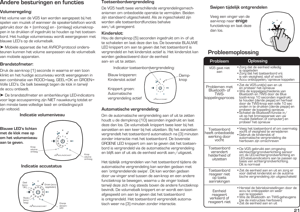 21Andere besturingen en functiesVolumeregeling:Het volume van de VG5 kan worden aangepast bij het spelen van muziek of wanneer de speakertelefoon wordt gebruikt door de + (omhoog) en - (omlaag) volumeknop-pen in te drukken of ingedrukt te houden op het toetsen-bord. Het huidige volumeniveau wordt weergegeven met blauwe LED’s op de volumebalk. ➤ Mobiele apparaat die het AVRCP-protocol onders-teunen kunnen het volume aanpassen via de volumebalk van mobiele apparaten.Brandstofmeter:  Druk de aan-knop (1) seconde in waarna er een toon klinkt en het huidige accuniveau wordt weergegeven in een combinatie van ROOD=laag, GEEL=OK en GROEN= Volle LED’s. De balk beweegt tegen de klok in terwijlde accu ontlaadt.➤ De brandstofmeter en amberkleurige LED-indicators voor lage accuspanning zijn NIET nauwkeurig totdat er ten minste twee volledige laad- en ontladingscycli  zijn voltooid.  Blauwe LED’s lichten met de klok mee op  om het volumeniveau aan te geven.Indicatie volumeniveauIndicatie accustatusKnop volume omhoogOranje stroom-LEDKnop volume omlaagRood (accu laag)Geel (accu OK)Groen (accu  opgeladen)ToetsenbordvergrendelingDe VG5 heeft twee verschillende vergrendelingsmech-anismen om onbedoelde operatie te vermijden. Beiden zijn standaard uitgeschakeld. Als ze ingeschakeld zijn worden alle toetsenbordfuncties behalve  aan/uit genegeerd.Kinderslot:  Hou de dempknop (5) seconden ingedrukt om in- of uit te schakelen en laat deze dan los. De bovenste BLAUWE LED knippert om aan te geven dat het toetsenbord is vergrendeld en het kinderslot actief is. Het kinderslot kan worden gedeactiveerd door de eenheid  aan- en uit te zetten.Blauw knipperen:  Kinderslot actiefKnippert groen:Automatische  vergrendeling actiefVeeg een vinger van de aan-knop naar enige functieknop en laat deze dan los.Demp-knopVG5 gaat niet aanProblemen met Bluetooth- of TWS- koppelingsprocesToetsenbord heeft onbedoelde werking door vochtToetsenbord verandert helderheid  of                              uitzettenToetsenbord reageer niet op toetsaanrakingenEenheid reageert verkeerd of reageert niet• Zorg dat de eenheid volledig    is opgeladen• Zorg dat het toetsenbord vrij    is van viezigheid, stof of vocht• Accu ontkoppelen/opnieuw koppelen• Zet de VG5-unit(s) aan en uit    en probeer het opnieuw• Wis de koppelgeschiedenis van    Bluetooth en TWS door de Blue       tooth-knop 10 seconden ingedrukt    te houden (derde piepje) en herhaal  door de TWS-knop een volle 10 sec      onden in te drukken (derde piepje) en    probeer de koppeling opnieuw.• Schakel de Bluetooth-functie in/   uit op het bronapparaat van uw    muziek (telefoon of computer) en         probeer het opnieuw• Veeg het toetsenbord af om overmatig    vocht of viezigheid te verwijderen  • Gebruik de kinderslot of    automatische vergrendeling die    hierboven zijn omschreven• De VG5 gebruikt een omgeving   slichtachtergrondverlichting sensor    om de LED-achtergrondverlichting en    LED-statusindicators aan te passen op    basis van achtergrondverlichting.    Dit is normaal• Zet de eenheid aan en uit en zorg er    voor dathet kinderslot en de automa   tische vergrendeling zijn uitgeschakeld• Herstel de fabrieksinstellingen door de    accu te ontkoppelen en weer    aan te koppelen• Wis de Bluetooth- en TWS-geheugens    (zie de instructies hierboven)• Zet de eenheid aan en uitProbleem OplossingProbleemoplossingSwipen tijdelijk ontgrendelenAutomatische vergrendeling:  Om de automatische vergrendeling aan of uit te zetten houdt u de dempknop (10) seconden ingedrukt en laat deze dan los. De volumebalk knippert twee keer bij het aanzetten en een keer bij het uitzetten. Bij het aanzetten vergrendelt het toetsenbord automatisch na (3) minuten zonder interactie met het toetsenbord. De bovenste GROENE LED knippert om aan te geven dat het toetsen-bord is vergrendeld via de automatische vergrendeling en blijft aan of uit als de eenheid wordt aan-/uitgezet.Het tijdelijk ontgrendelen van het toetsenbord tijdens de automatische vergrendeling kan worden gedaan met een ‘ontgrendelende swipe’. Dit kan worden gedaan door uw vinger snel tussen de aan-knop en een andere functieknop te bewegen, waarna u de vinger loslaat terwijl deze zich nog steeds boven de andere functieknop bevindt. De volumebalk knippert en er wordt een toon afgespeeld om aan te geven dat het toetsenbordis ontgrendeld. Het toetsenbord vergrendelt automa-tisch weer na (3) minuten zonder interactie.Indicator toetsenbordvergrendeling: