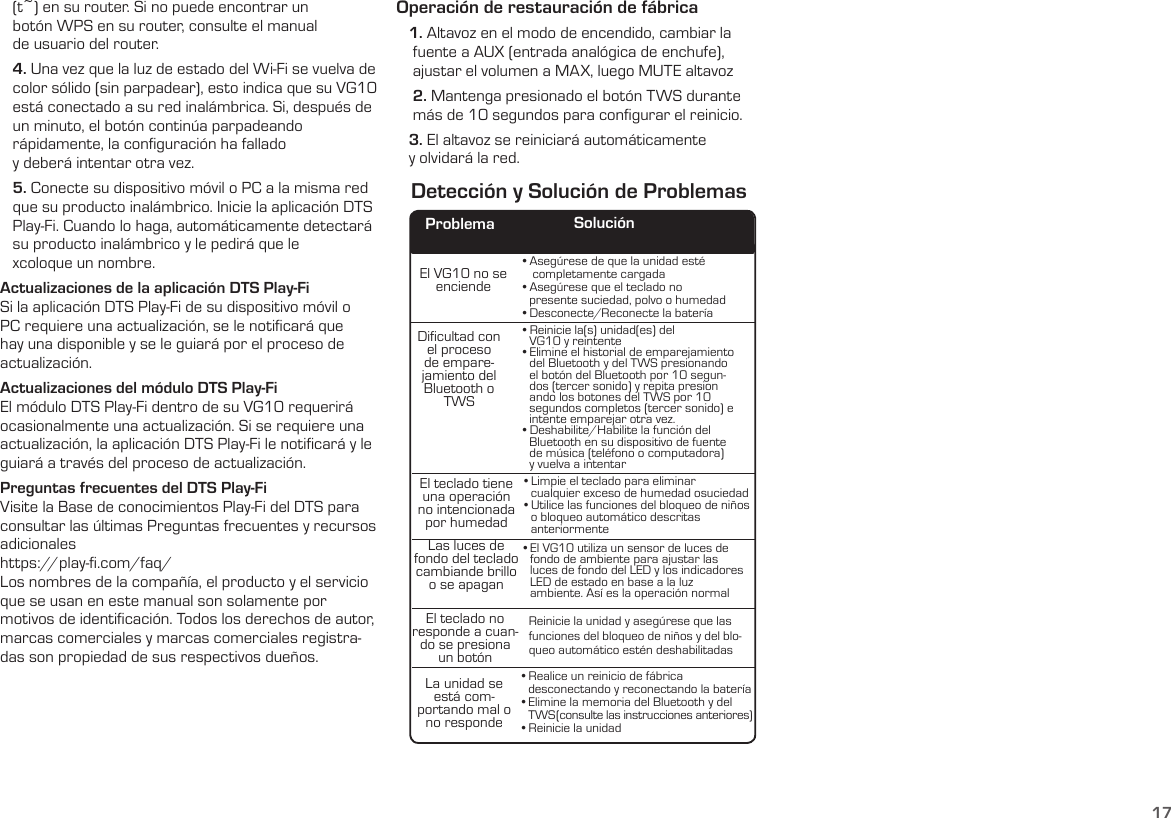 17   (t~) en su router. Si no puede encontrar un     botón WPS en su router, consulte el manual     de usuario del router.   4. Una vez que la luz de estado del Wi-Fi se vuelva de    color sólido (sin parpadear), esto indica que su VG10    está conectado a su red inalámbrica. Si, después de    un minuto, el botón continúa parpadeando     rápidamente, la conﬁguración ha fallado     y deberá intentar otra vez.   5. Conecte su dispositivo móvil o PC a la misma red    que su producto inalámbrico. Inicie la aplicación DTS    Play-Fi. Cuando lo haga, automáticamente detectará    su producto inalámbrico y le pedirá que le     xcoloque un nombre.Actualizaciones de la aplicación DTS Play-FiSi la aplicación DTS Play-Fi de su dispositivo móvil o PC requiere una actualización, se le notiﬁcará que hay una disponible y se le guiará por el proceso de actualización.Actualizaciones del módulo DTS Play-FiEl módulo DTS Play-Fi dentro de su VG10 requerirá ocasionalmente una actualización. Si se requiere una actualización, la aplicación DTS Play-Fi le notiﬁcará y le guiará a través del proceso de actualización.Preguntas frecuentes del DTS Play-FiVisite la Base de conocimientos Play-Fi del DTS para consultar las últimas Preguntas frecuentes y recursos adicionaleshttps://play-ﬁ.com/faq/Los nombres de la compañía, el producto y el servicio que se usan en este manual son solamente por motivos de identiﬁcación. Todos los derechos de autor, marcas comerciales y marcas comerciales registra-das son propiedad de sus respectivos dueños.Operación de restauración de fábrica        1. Altavoz en el modo de encendido, cambiar la      fuente a AUX (entrada analógica de enchufe),      ajustar el volumen a MAX, luego MUTE altavoz    2. Mantenga presionado el botón TWS durante     más de 10 segundos para conﬁgurar el reinicio.    3. El altavoz se reiniciará automáticamente     y olvidará la red.El VG10 no se enciendeDificultad con el proceso de empare-jamiento del Bluetooth o TWSEl teclado tiene una operación no intencionada por humedadLas luces de  fondo del teclado cambiande brillo  o se apaganEl teclado no  responde a cuan-do se presionaun botónLa unidad se está com-portando mal o no responde• Asegúrese de que la unidad esté     completamente cargada• Asegúrese que el teclado no    presente suciedad, polvo o humedad• Desconecte / Reconecte la batería• Reinicie la(s) unidad(es) del    VG10 y reintente• Elimine el historial de emparejamiento    del Bluetooth y del TWS presionando     el  botón  del  Bluetooth  por  10  segun-              dos (tercer sonido) y repita presion   ando los botones del TWS por 10    segundos completos (tercer sonido) e    intente emparejar otra vez.• Deshabilite/Habilite la función del    Bluetooth en su dispositivo de fuente    de música (teléfono o computadora)    y vuelva a intentar• Limpie el teclado para eliminar   cualquier exceso de humedad osuciedad• Utilice las funciones del bloqueo de niños   o bloqueo automático descritas   anteriormente• El VG10 utiliza un sensor de luces de     fondo de ambiente para ajustar las   luces de fondo del LED y los indicadores   LED de estado en base a la luz    ambiente. Así es la operación normalReinicie la unidad y asegúrese que lasfunciones del bloqueo de niños y del blo-queo automático estén deshabilitadas• Realice un reinicio de fábrica    desconectando y reconectando la batería• Elimine la memoria del Bluetooth y del   TWS (consulte las instrucciones anteriores)• Reinicie la unidadProblema SoluciónDetección y Solución de Problemas