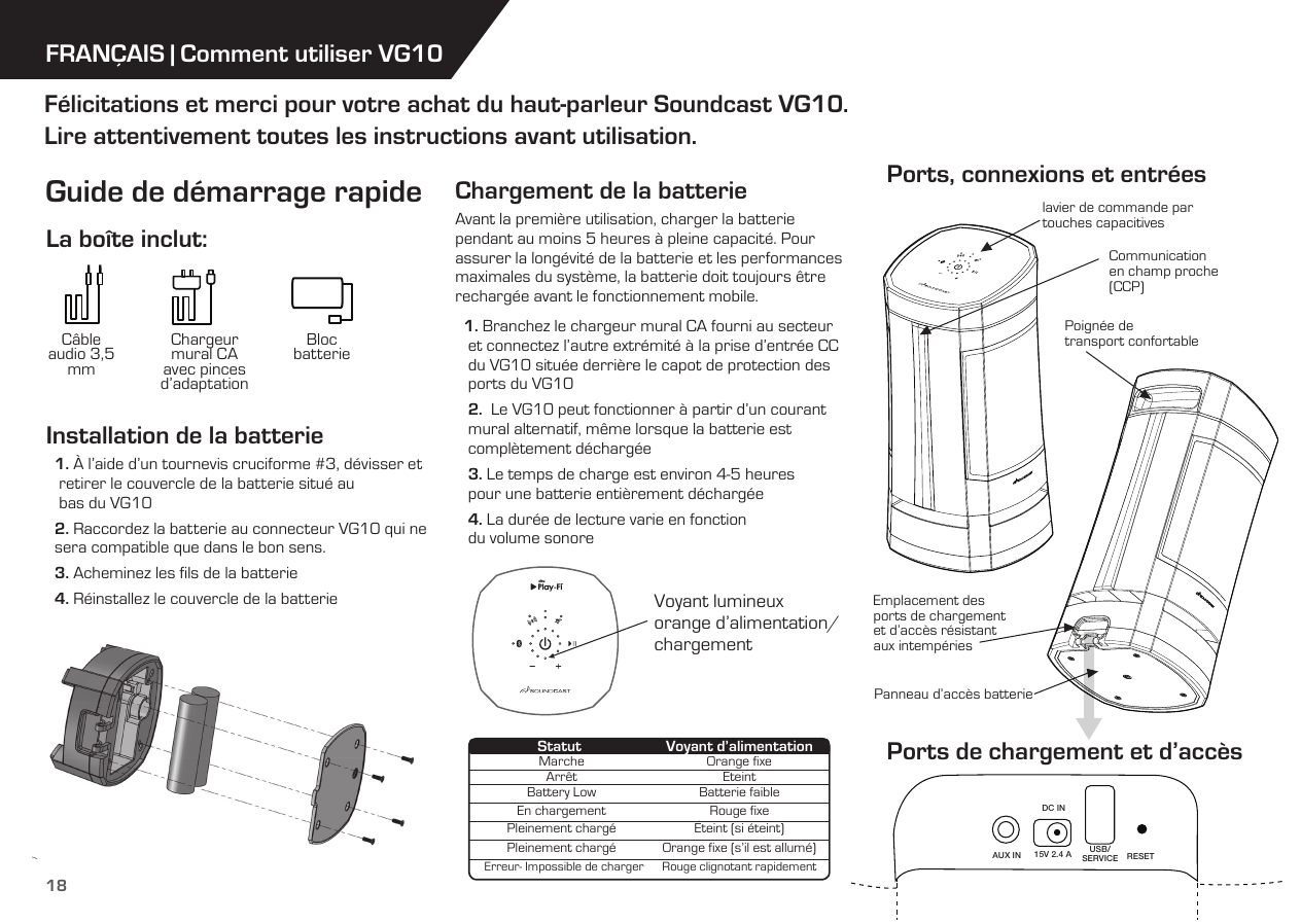 DC INAUX IN 15V 2.4 A USB/SERVICE RESETFRANÇAIS | Comment utiliser VG10Installation de la batterie  1. À l’aide d’un tournevis cruciforme #3, dévisser et    retirer le couvercle de la batterie situé au     bas du VG10  2. Raccordez la batterie au connecteur VG10 qui ne   sera compatible que dans le bon sens.  3. Acheminez les ﬁls de la batterie  4. Réinstallez le couvercle de la batterieChargement de la batterieAvant la première utilisation, charger la batterie pendant au moins 5 heures à pleine capacité. Pour assurer la longévité de la batterie et les performances maximales du système, la batterie doit toujours être rechargée avant le fonctionnement mobile.  1. Branchez le chargeur mural CA fourni au secteur    et connectez l’autre extrémité à la prise d’entrée CC    du VG10 située derrière le capot de protection des    ports du VG10   2.  Le VG10 peut fonctionner à partir d’un courant     mural alternatif, même lorsque la batterie est     complètement déchargée    3. Le temps de charge est environ 4-5 heures     pour une batterie entièrement déchargée   4. La durée de lecture varie en fonction     du volume sonore La boîte inclut:Guide de démarrage rapideFélicitations et merci pour votre achat du haut-parleur Soundcast VG10. Lire attentivement toutes les instructions avant utilisation.Câble audio 3,5 mmChargeur mural CA avec pinces d’adaptationBloc  batterieVoyant lumineux  orange d’alimentation/chargementlavier de commande par  touches capacitivesEmplacement des ports de chargement et d’accès résistant aux intempériesPanneau d’accès batterieCommunication en champ proche (CCP)Poignée de  transport confortablePorts, connexions et entréesPorts de chargement et d’accès18MarcheArrêtBattery LowEn chargementPleinement chargéPleinement chargéErreur- Impossible de chargerOrange fixeÉteintBatterie faibleRouge fixeÉteint (si éteint)Orange fixe (s’il est allumé)Rouge clignotant rapidementStatut Voyant d’alimentation