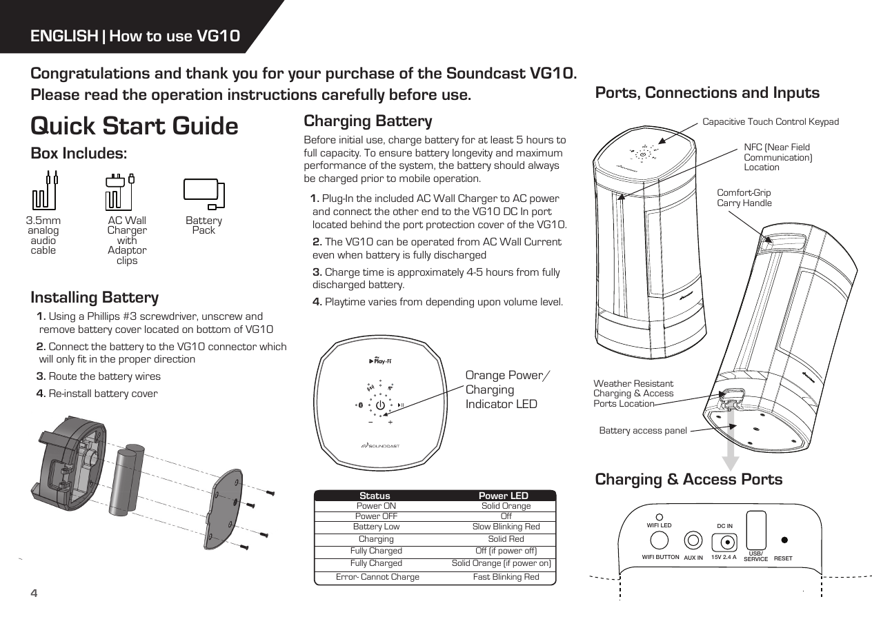 DC INAUX IN USB/SERVICE RESETWIFI LEDWIFI BUTTON 15V 2.4 A4ENGLISH | How to use VG10Installing Battery  1. Using a Phillips #3 screwdriver, unscrew and     remove battery cover located on bottom of VG10  2. Connect the battery to the VG10 connector which    will only fit in the proper direction  3. Route the battery wires  4. Re-install battery cover Charging BatteryBefore initial use, charge battery for at least 5 hours to full capacity. To ensure battery longevity and maximum performance of the system, the battery should always be charged prior to mobile operation.  1. Plug-In the included AC Wall Charger to AC power         and connect the other end to the VG10 DC In port        located behind the port protection cover of the VG10.   2. The VG10 can be operated from AC Wall Current     even when battery is fully discharged   3. Charge time is approximately 4-5 hours from fully     discharged battery.    4. Playtime varies from depending upon volume level. Box Includes:Quick Start GuideCongratulations and thank you for your purchase of the Soundcast VG10.  Please read the operation instructions carefully before use.3.5mm  analog  audio  cableAC Wall Charger with  Adaptor clipsBattery PackOrange Power/Charging  Indicator LEDCapacitive Touch Control KeypadWeather Resistant Charging &amp; Access  Ports LocationBattery access panelNFC (Near Field  Communication)LocationComfort-Grip Carry HandlePower ONPower OFFBattery LowChargingFully ChargedFully ChargedError- Cannot ChargeSolid OrangeOffSlow Blinking RedSolid RedOff (if power off)Solid Orange (if power on)Fast Blinking RedStatus Power LEDPorts, Connections and InputsCharging &amp; Access Ports