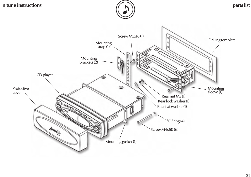  20in.tune instructions21in.tune instructionsCD playerDrilling templateparts listProtectivecoverScrew M4x60 (6)Mountingbrackets (2)Screw M5x16 (1)Mountingstrap (1)Mounting gasket (1)&quot;O&quot; ring (4)Mountingsleeve (1)Rear  at washer (1)Rear lock washer (1)Rear nut M5 (1)