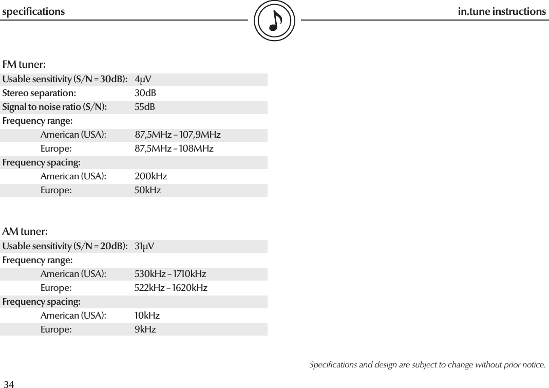  34in.tune instructionsFM tuner:Usable sensitivity (S/N = 30dB):  4µVStereo separation:  30dBSignal to noise ratio (S/N):  55dBFrequency range:  American (USA):  87,5MHz – 107,9MHz  Europe:   87,5MHz – 108MHzFrequency spacing:  American (USA):  200kHz  Europe:   50kHzAM tuner:Usable sensitivity (S/N = 20dB):  31µVFrequency range:  American (USA):  530kHz – 1710kHz  Europe:   522kHz – 1620kHzFrequency spacing:  American (USA):  10kHz  Europe:   9kHzspecicationsSpecicationsanddesignaresubjecttochangewithoutpriornotice.