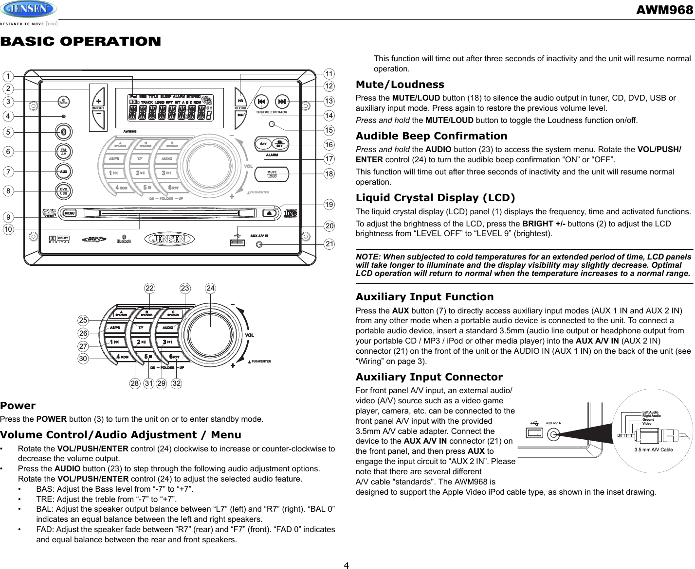 AWM9684BASIC OPERATIONPowerPress the POWER button (3) to turn the unit on or to enter standby mode. Volume Control/Audio Adjustment / Menu• Rotate the VOL/PUSH/ENTER control (24) clockwise to increase or counter-clockwise to decrease the volume output.• Press the AUDIO button (23) to step through the following audio adjustment options. Rotate the VOL/PUSH/ENTER control (24) to adjust the selected audio feature. • BAS: Adjust the Bass level from “-7” to “+7”.• TRE: Adjust the treble from “-7” to “+7”.• BAL: Adjust the speaker output balance between “L7” (left) and “R7” (right). “BAL 0” indicates an equal balance between the left and right speakers.• FAD: Adjust the speaker fade between “R7” (rear) and “F7” (front). “FAD 0” indicates and equal balance between the rear and front speakers.This function will time out after three seconds of inactivity and the unit will resume normal operation.Mute/LoudnessPress the MUTE/LOUD button (18) to silence the audio output in tuner, CD, DVD, USB or auxiliary input mode. Press again to restore the previous volume level. Press and hold the MUTE/LOUD button to toggle the Loudness function on/off.Audible Beep ConfirmationPress and hold the AUDIO button (23) to access the system menu. Rotate the VOL/PUSH/ENTER control (24) to turn the audible beep confirmation “ON” or “OFF”.This function will time out after three seconds of inactivity and the unit will resume normal operation.Liquid Crystal Display (LCD)The liquid crystal display (LCD) panel (1) displays the frequency, time and activated functions.To adjust the brightness of the LCD, press the BRIGHT +/- buttons (2) to adjust the LCD brightness from “LEVEL OFF” to “LEVEL 9” (brightest).NOTE: When subjected to cold temperatures for an extended period of time, LCD panels will take longer to illuminate and the display visibility may slightly decrease. Optimal LCD operation will return to normal when the temperature increases to a normal range.Auxiliary Input FunctionPress the AUX button (7) to directly access auxiliary input modes (AUX 1 IN and AUX 2 IN) from any other mode when a portable audio device is connected to the unit. To connect a portable audio device, insert a standard 3.5mm (audio line output or headphone output from your portable CD / MP3 / iPod or other media player) into the AUX A/V IN (AUX 2 IN) connector (21) on the front of the unit or the AUDIO IN (AUX 1 IN) on the back of the unit (see “Wiring” on page 3).Auxiliary Input ConnectorFor front panel A/V input, an external audio/video (A/V) source such as a video game player, camera, etc. can be connected to the front panel A/V input with the provided 3.5mm A/V cable adapter. Connect the device to the AUX A/V IN connector (21) on the front panel, and then press AUX to engage the input circuit to “AUX 2 IN”. Please note that there are several different A/V cable &quot;standards&quot;. The AWM968 is designed to support the Apple Video iPod cable type, as shown in the inset drawing.3186287262422 231415132930171632311920212798452111210125AWM968PUSH/ENTERPUSH/ENTER3.5 mm A/V CableLeft AudioRight AudioGroundVideo