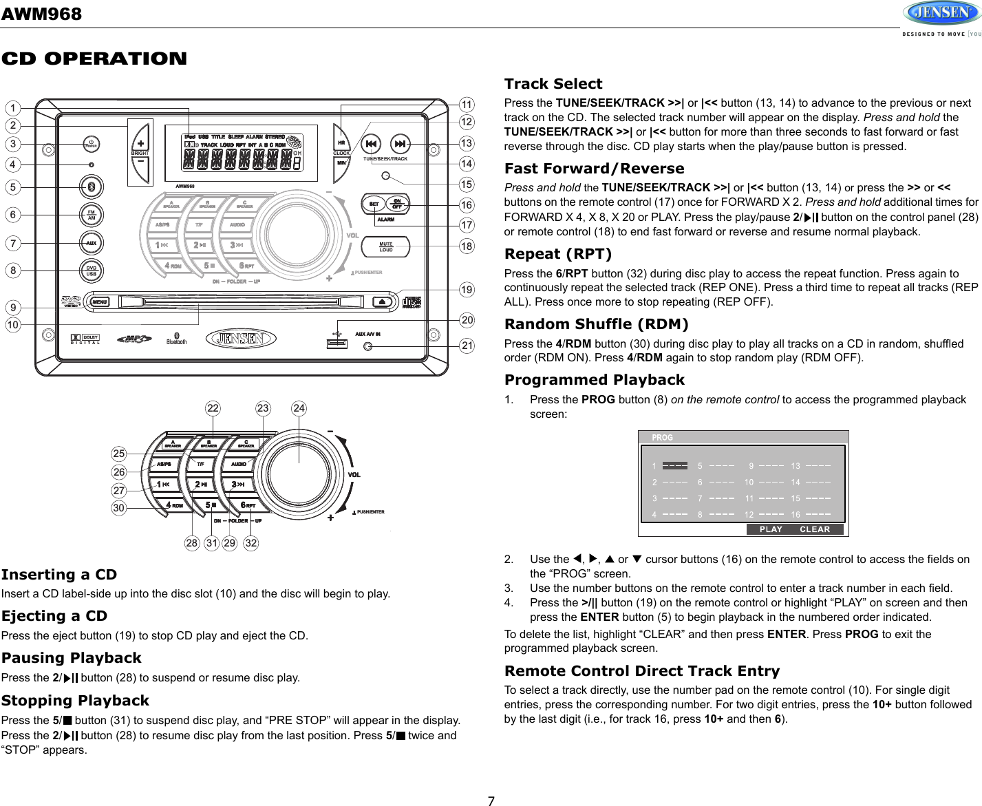 AWM9687CD OPERATIONInserting a CDInsert a CD label-side up into the disc slot (10) and the disc will begin to play. Ejecting a CDPress the eject button (19) to stop CD play and eject the CD.Pausing Playback Press the 2/  button (28) to suspend or resume disc play. Stopping Playback Press the 5/  button (31) to suspend disc play, and “PRE STOP” will appear in the display. Press the 2/  button (28) to resume disc play from the last position. Press 5/  twice and “STOP” appears.Track SelectPress the TUNE/SEEK/TRACK &gt;&gt;| or |&lt;&lt; button (13, 14) to advance to the previous or next track on the CD. The selected track number will appear on the display. Press and hold the TUNE/SEEK/TRACK &gt;&gt;| or |&lt;&lt; button for more than three seconds to fast forward or fast reverse through the disc. CD play starts when the play/pause button is pressed.Fast Forward/ReversePress and hold the TUNE/SEEK/TRACK &gt;&gt;| or |&lt;&lt; button (13, 14) or press the &gt;&gt; or &lt;&lt; buttons on the remote control (17) once for FORWARD X 2. Press and hold additional times for FORWARD X 4, X 8, X 20 or PLAY. Press the play/pause 2/  button on the control panel (28) or remote control (18) to end fast forward or reverse and resume normal playback.Repeat (RPT)Press the 6/RPT button (32) during disc play to access the repeat function. Press again to continuously repeat the selected track (REP ONE). Press a third time to repeat all tracks (REP ALL). Press once more to stop repeating (REP OFF). Random Shuffle (RDM)Press the 4/RDM button (30) during disc play to play all tracks on a CD in random, shuffled order (RDM ON). Press 4/RDM again to stop random play (RDM OFF). Programmed Playback1. Press the PROG button (8) on the remote control to access the programmed playback screen:2. Use the  ,  ,   or   cursor buttons (16) on the remote control to access the fields on the “PROG” screen. 3. Use the number buttons on the remote control to enter a track number in each field. 4. Press the &gt;/|| button (19) on the remote control or highlight “PLAY” on screen and then press the ENTER button (5) to begin playback in the numbered order indicated.To delete the list, highlight “CLEAR” and then press ENTER. Press PROG to exit the programmed playback screen.Remote Control Direct Track EntryTo select a track directly, use the number pad on the remote control (10). For single digit entries, press the corresponding number. For two digit entries, press the 10+ button followed by the last digit (i.e., for track 16, press 10+ and then 6).3186287262422 231415132930171632311920212798452111210125AWM968PUSH/ENTERPUSH/ENTER