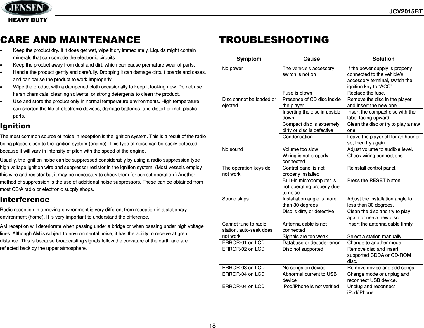  JCV2015BT  18  CARE AND MAINTENANCE   Keep the product dry. If it does get wet, wipe it dry immediately. Liquids might contain minerals that can corrode the electronic circuits.   Keep the product away from dust and dirt, which can cause premature wear of parts.   Handle the product gently and carefully. Dropping it can damage circuit boards and cases, and can cause the product to work improperly.   Wipe the product with a dampened cloth occasionally to keep it looking new. Do not use harsh chemicals, cleaning solvents, or strong detergents to clean the product.   Use and store the product only in normal temperature environments. High temperature can shorten the life of electronic devices, damage batteries, and distort or melt plastic parts. Ignition The most common source of noise in reception is the ignition system. This is a result of the radio being placed close to the ignition system (engine). This type of noise can be easily detected because it will vary in intensity of pitch with the speed of the engine. Usually, the ignition noise can be suppressed considerably by using a radio suppression type high voltage ignition wire and suppressor resistor in the ignition system. (Most vessels employ this wire and resistor but it may be necessary to check them for correct operation.) Another method of suppression is the use of additional noise suppressors. These can be obtained from most CB/A radio or electronic supply shops. Interference Radio reception in a moving environment is very different from reception in a stationary environment (home). It is very important to understand the difference. AM reception will deteriorate when passing under a bridge or when passing under high voltage lines. Although AM is subject to environmental noise, it has the ability to receive at great distance. This is because broadcasting signals follow the curvature of the earth and are reflected back by the upper atmosphere.          TROUBLESHOOTING  Symptom Cause Solution No power The vehicle’s accessory switch is not on If the power supply is properly connected to the vehicle’s accessory terminal, switch the ignition key to “ACC”. Fuse is blown Replace the fuse. Disc cannot be loaded or ejected Presence of CD disc inside the player Remove the disc in the player and insert the new one. Inserting the disc in upside down Insert the compact disc with the label facing upward. Compact disc is extremely dirty or disc is defective Clean the disc or try to play a new one. Condensation Leave the player off for an hour or so, then try again. No sound Volume too slow Adjust volume to audible level. Wiring is not properly connected Check wiring connections. The operation keys do not work Control panel is not properly installed Reinstall control panel. Built-in microcomputer is not operating properly due to noise Press the RESET button. Sound skips Installation angle is more than 30 degrees Adjust the installation angle to less than 30 degrees. Disc is dirty or defective Clean the disc and try to play again or use a new disc. Cannot tune to radio station, auto-seek does not work Antenna cable is not connected Insert the antenna cable firmly. Signals are too weak. Select a station manually. ERROR-01 on LCD Database or decoder error Change to another mode. ERROR-02 on LCD Disc not supported Remove disc and insert supported CDDA or CD-ROM disc. ERROR-03 on LCD No songs on device Remove device and add songs. ERROR-04 on LCD Abnormal current to USB device Change mode or unplug and reconnect USB device. ERROR-04 on LCD iPod/iPhone is not verified Unplug and reconnect iPod/iPhone.   