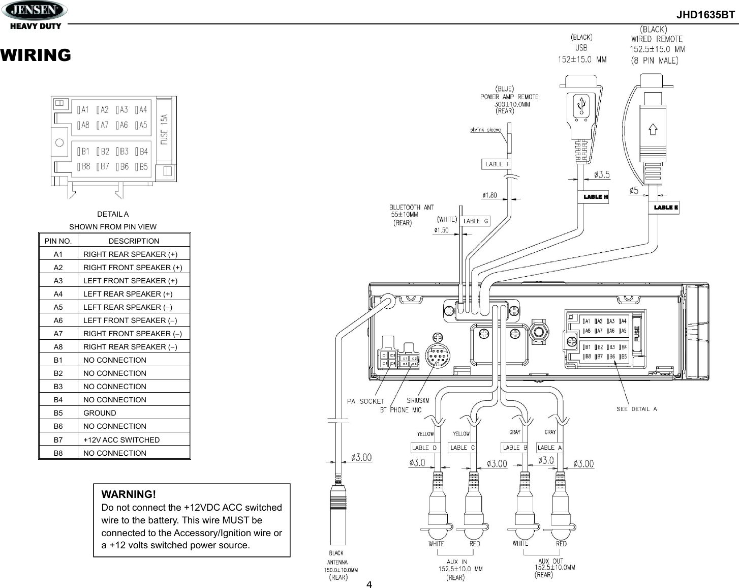        JHD1635BT  4  WIRING            DETAIL A SHOWN FROM PIN VIEW PIN NO. DESCRIPTION A1  RIGHT REAR SPEAKER (+) A2  RIGHT FRONT SPEAKER (+) A3  LEFT FRONT SPEAKER (+) A4  LEFT REAR SPEAKER (+) A5  LEFT REAR SPEAKER () A6  LEFT FRONT SPEAKER () A7  RIGHT FRONT SPEAKER () A8  RIGHT REAR SPEAKER () B1  NO CONNECTION B2  NO CONNECTION B3  NO CONNECTION B4  NO CONNECTION B5  GROUND B6  NO CONNECTION B7  +12V ACC SWITCHED B8  NO CONNECTION   WARNING! Do not connect the +12VDC ACC switched wire to the battery. This wire MUST be connected to the Accessory/Ignition wire or a +12 volts switched power source. 