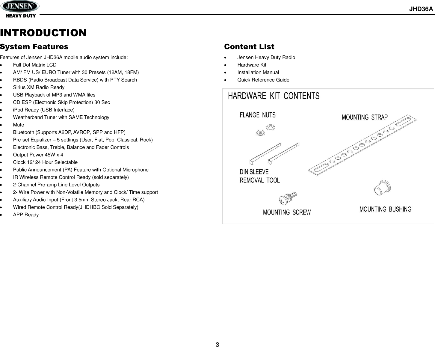 Sounding Audio JHD36A Heavy Duty Car Audio User Manual JHD36A U M