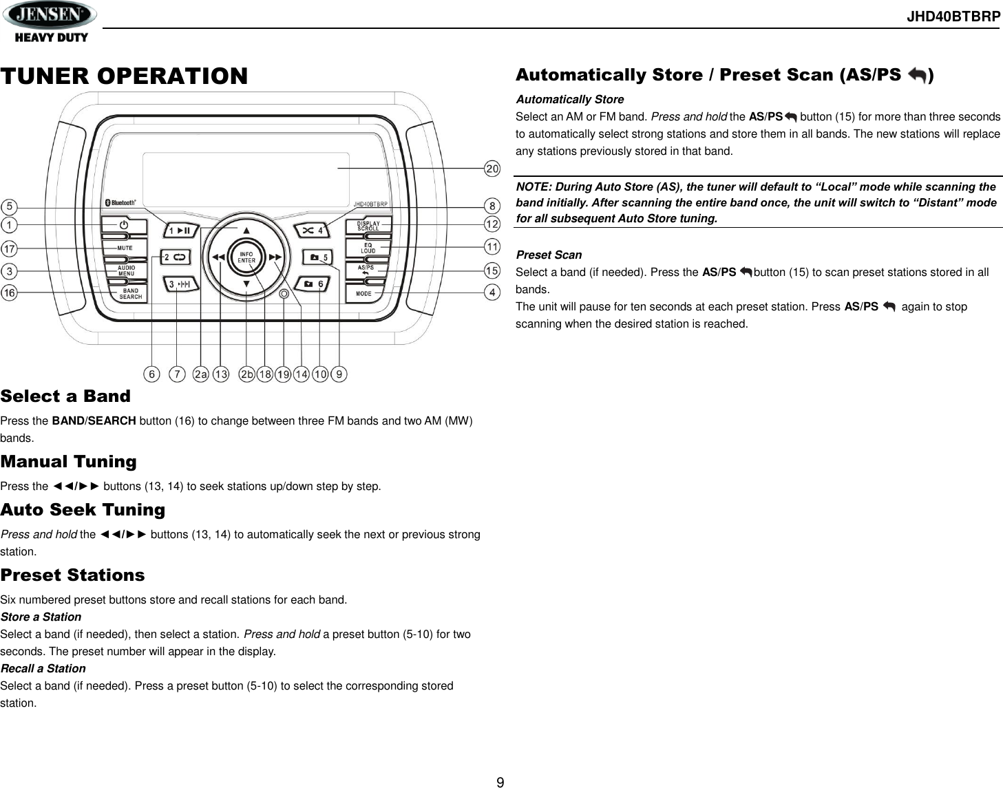  JHD40BTBRP  9  TUNER OPERATION                 Select a Band Press the BAND/SEARCH button (16) to change between three FM bands and two AM (MW) bands. Manual Tuning Press the ◄◄/►► buttons (13, 14) to seek stations up/down step by step. Auto Seek Tuning Press and hold the ◄◄/►► buttons (13, 14) to automatically seek the next or previous strong station. Preset Stations Six numbered preset buttons store and recall stations for each band. Store a Station Select a band (if needed), then select a station. Press and hold a preset button (5-10) for two seconds. The preset number will appear in the display. Recall a Station Select a band (if needed). Press a preset button (5-10) to select the corresponding stored station. Automatically Store / Preset Scan (AS/PS    ) Automatically Store Select an AM or FM band. Press and hold the AS/PS    button (15) for more than three seconds to automatically select strong stations and store them in all bands. The new stations will replace any stations previously stored in that band.  NOTE: During Auto Store (AS), the tuner will default to “Local” mode while scanning the band initially. After scanning the entire band once, the unit will switch to “Distant” mode for all subsequent Auto Store tuning.  Preset Scan Select a band (if needed). Press the AS/PS    button (15) to scan preset stations stored in all bands. The unit will pause for ten seconds at each preset station. Press AS/PS    again to stop scanning when the desired station is reached.    