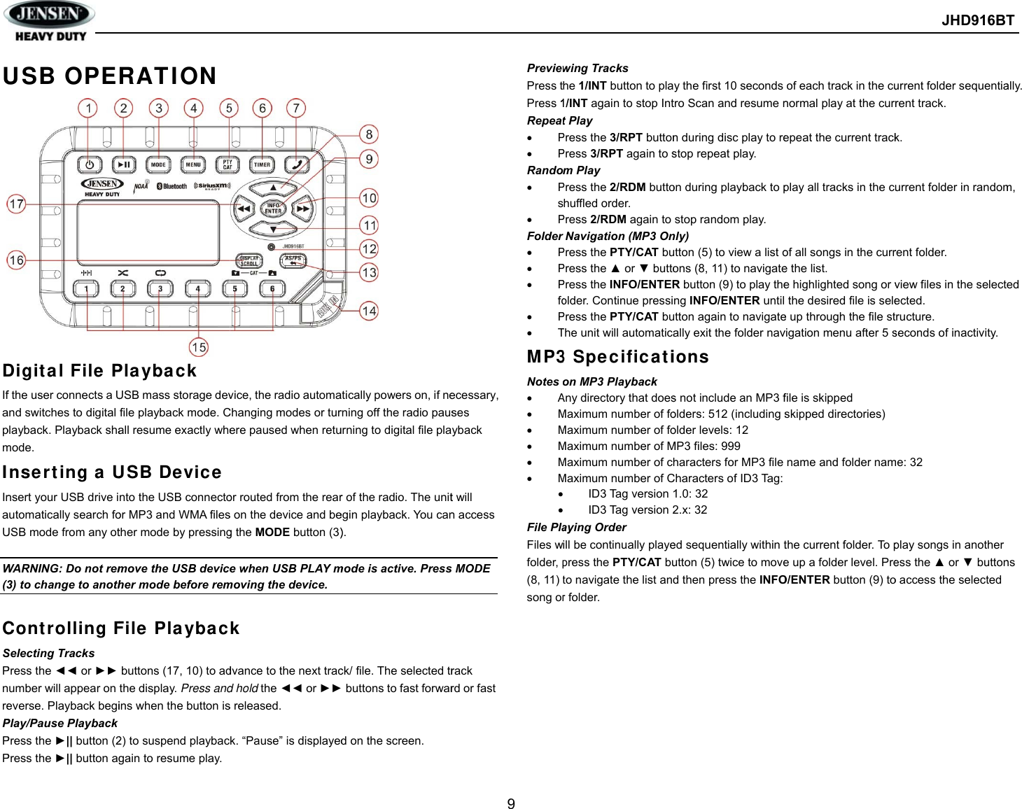 Page 11 of Sounding Audio JHD916BT Heavy Duty Car Audio User Manual JHD916BT  cert