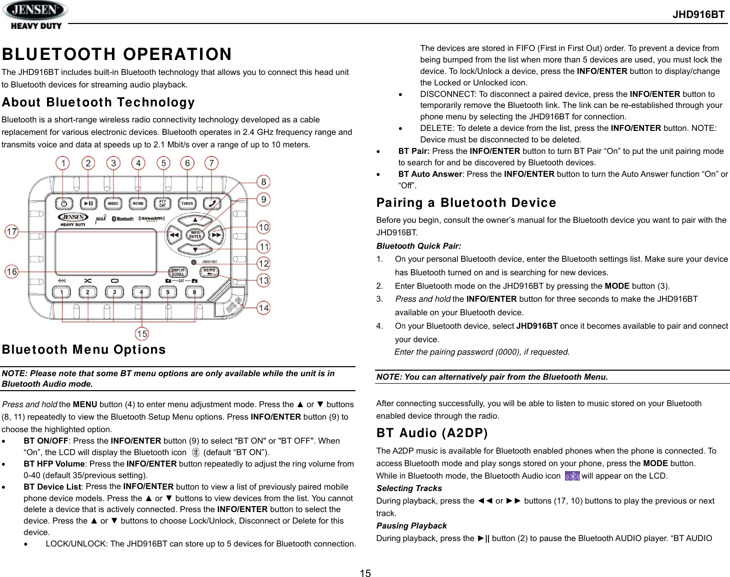 Page 17 of Sounding Audio JHD916BT Heavy Duty Car Audio User Manual JHD916BT  cert