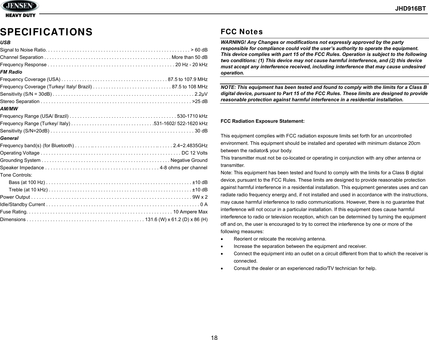 Page 20 of Sounding Audio JHD916BT Heavy Duty Car Audio User Manual JHD916BT  cert